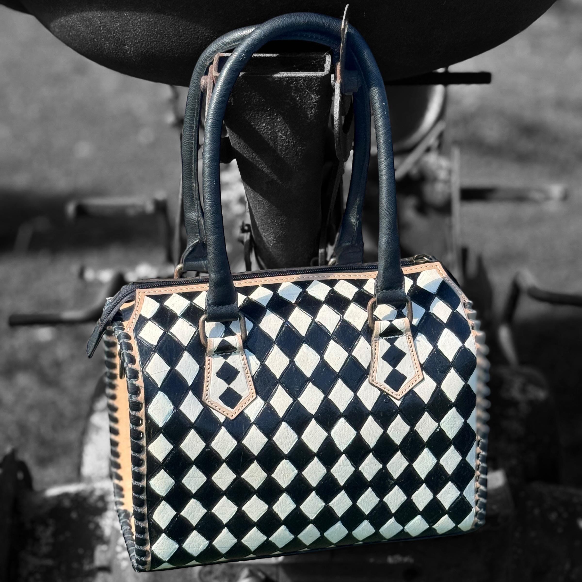 Black and White Speedy Checkered Genuine Western Cowhide Leather Purse ...