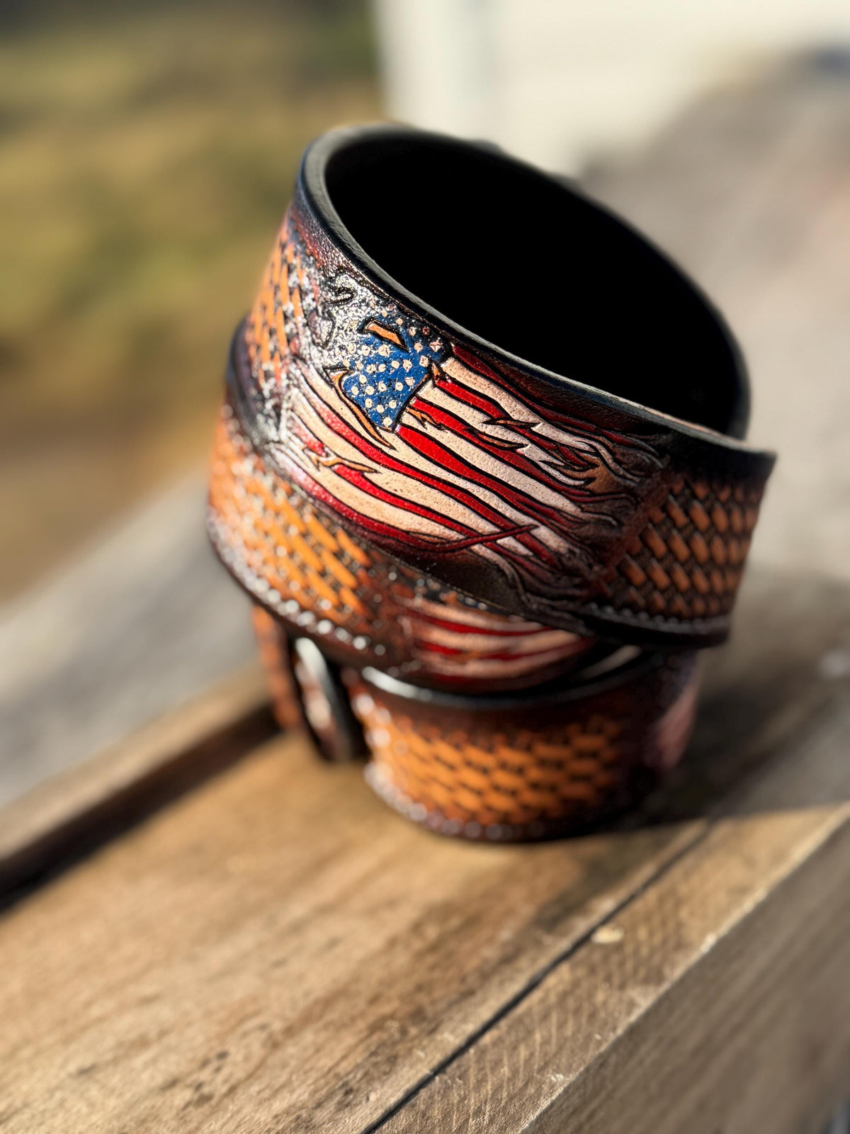 Genuine Leather Western Belt with tooled American Flag details by Double B Wild Rags
