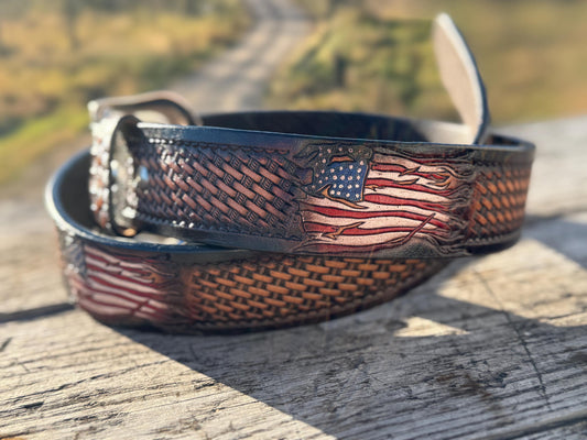 Genuine Leather Western Belt with tooled American Flag details by Double B Wild Rags