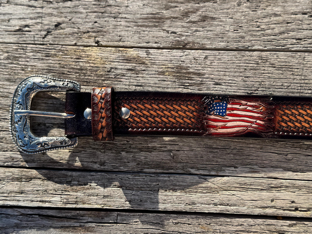 Genuine Leather Western Belt with tooled American Flag details by Double B Wild Rags