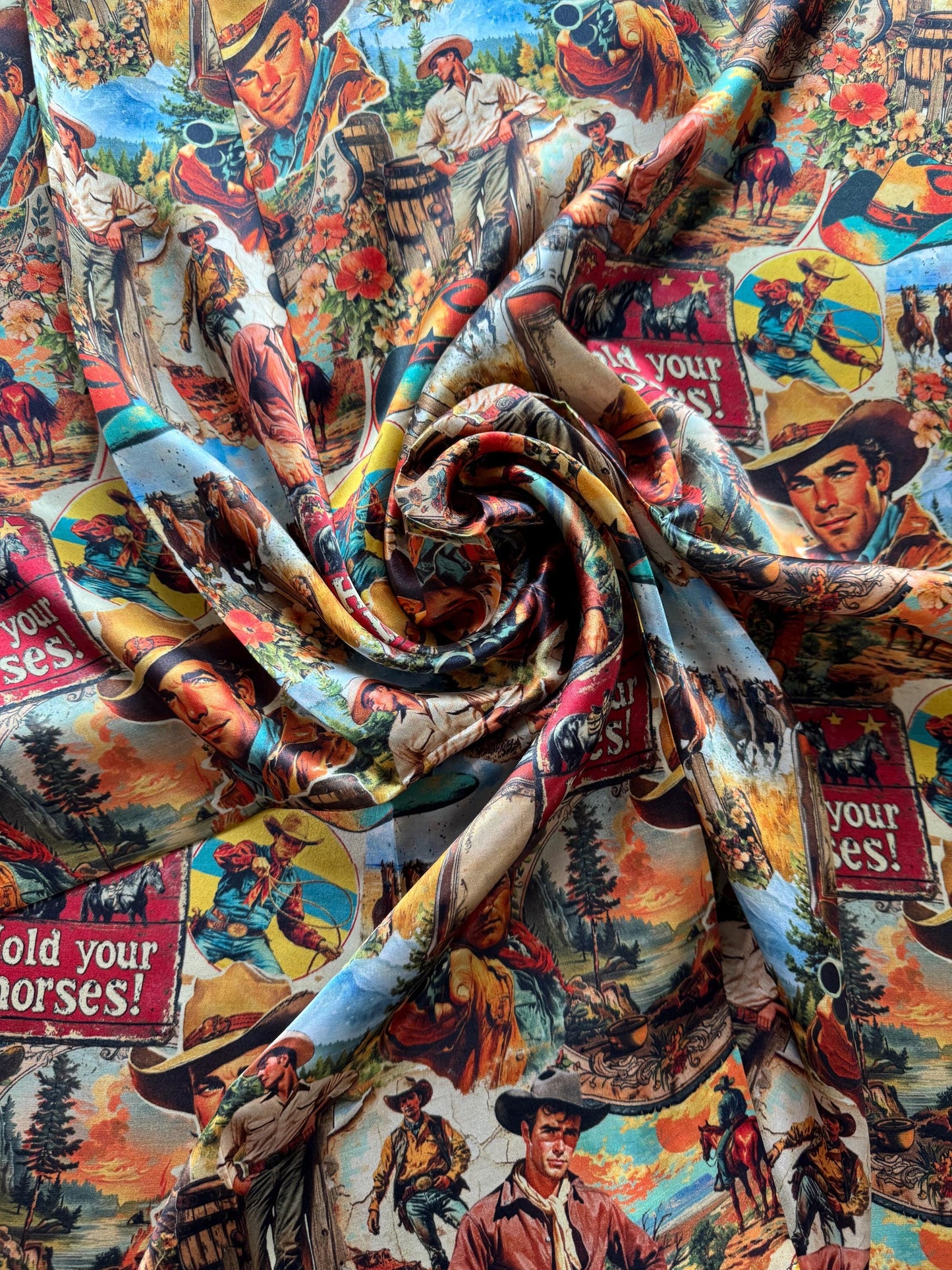 100% Silk Wild Rag Retro Heartthrob Cowboys and Floral by Double B Wild Rags