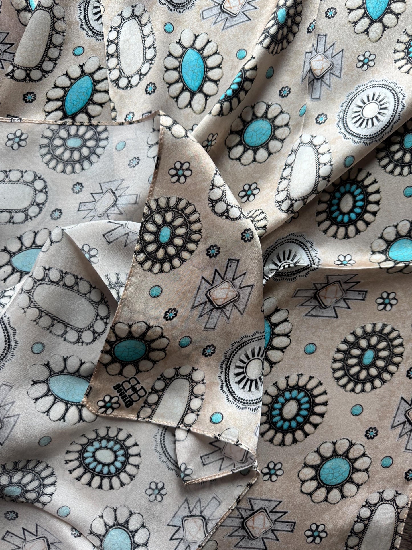 100% Silk Wild Rag Ivory Turquoise and White Buffalo Concho by Double B Wild Rags