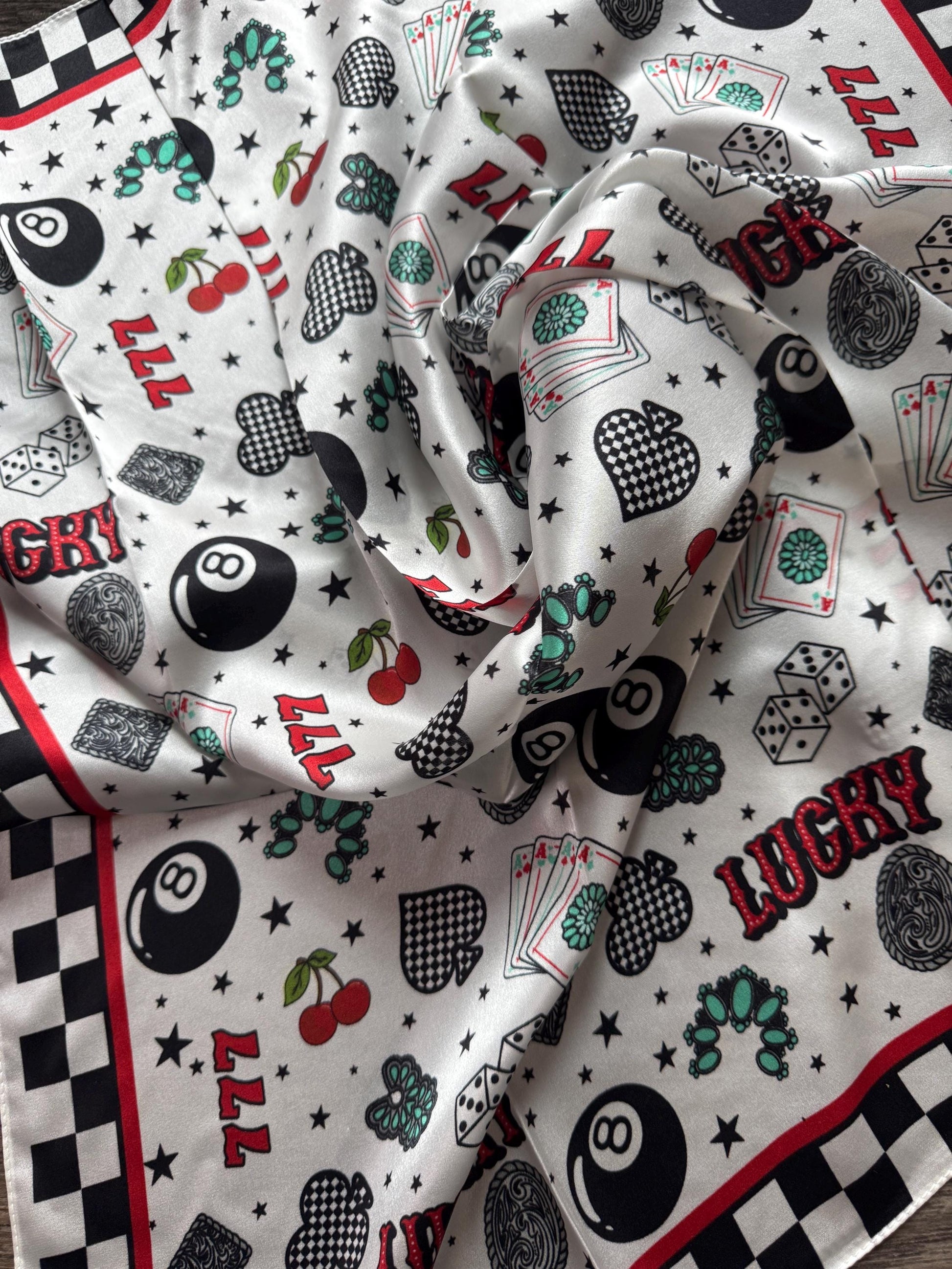 100% Silk Wild Rag Checkered Lucky 7's Casino by Double B Wild Rags