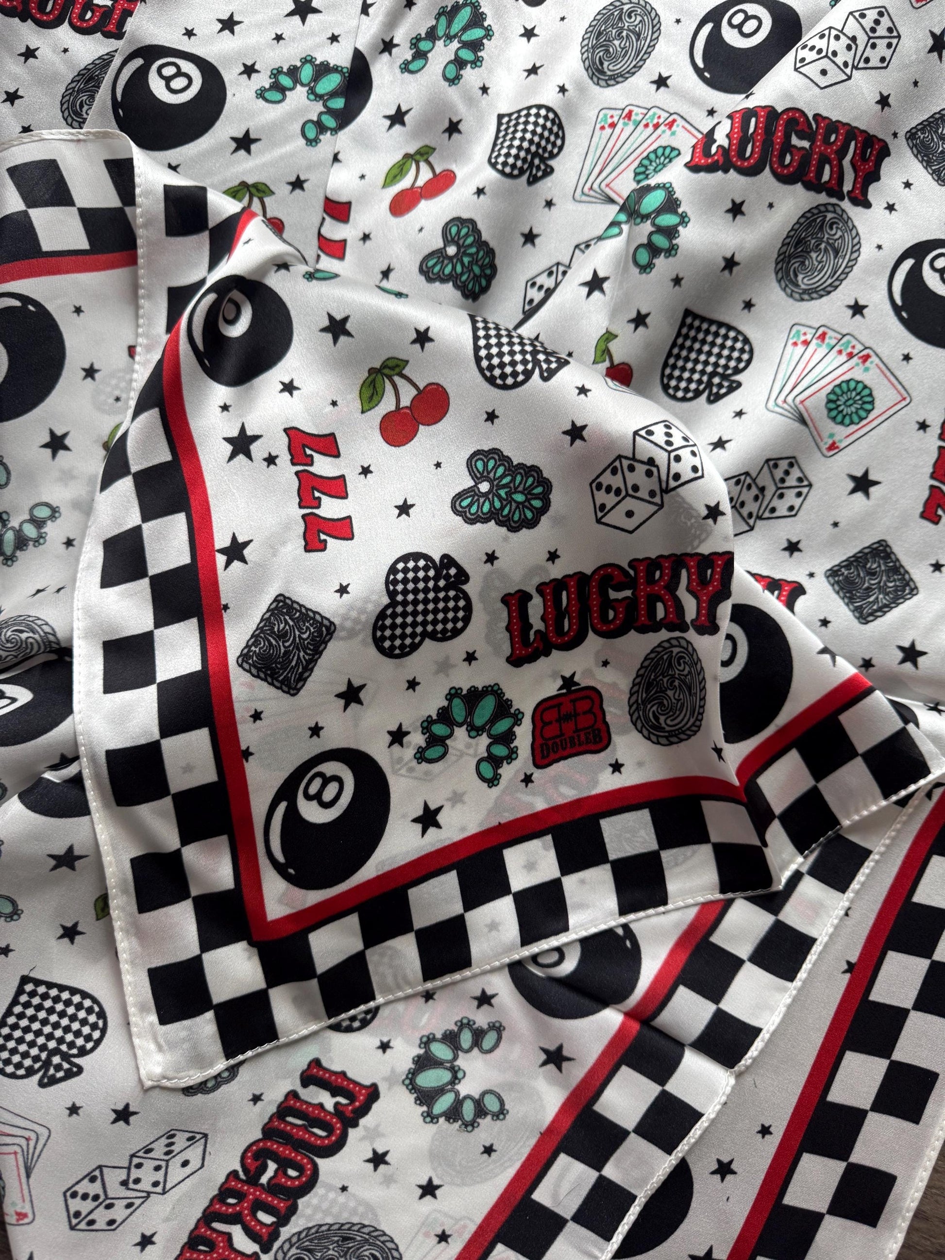 100% Silk Wild Rag Checkered Lucky 7's Casino by Double B Wild Rags