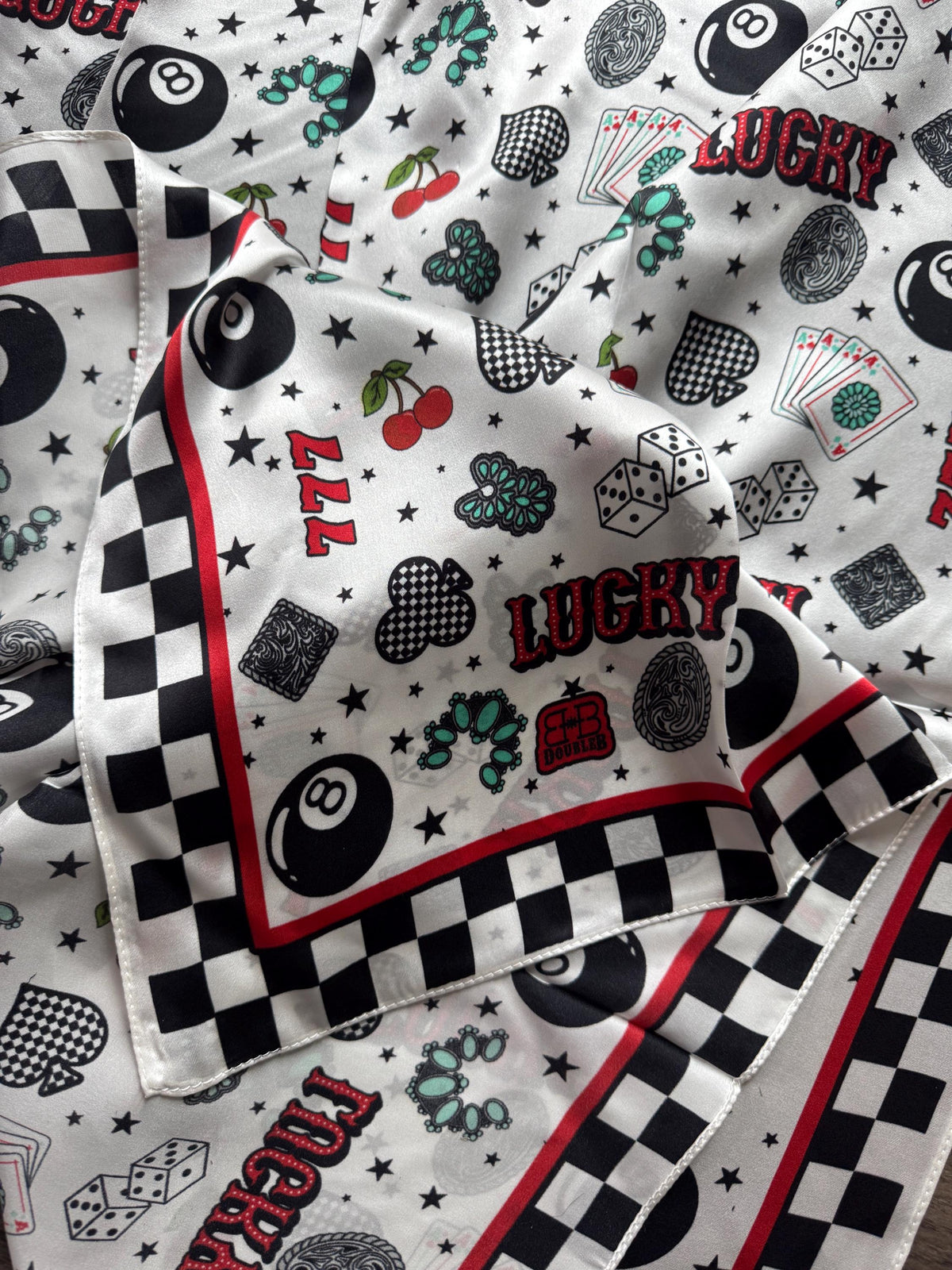100% Silk Wild Rag Checkered Lucky 7's Casino by Double B Wild Rags