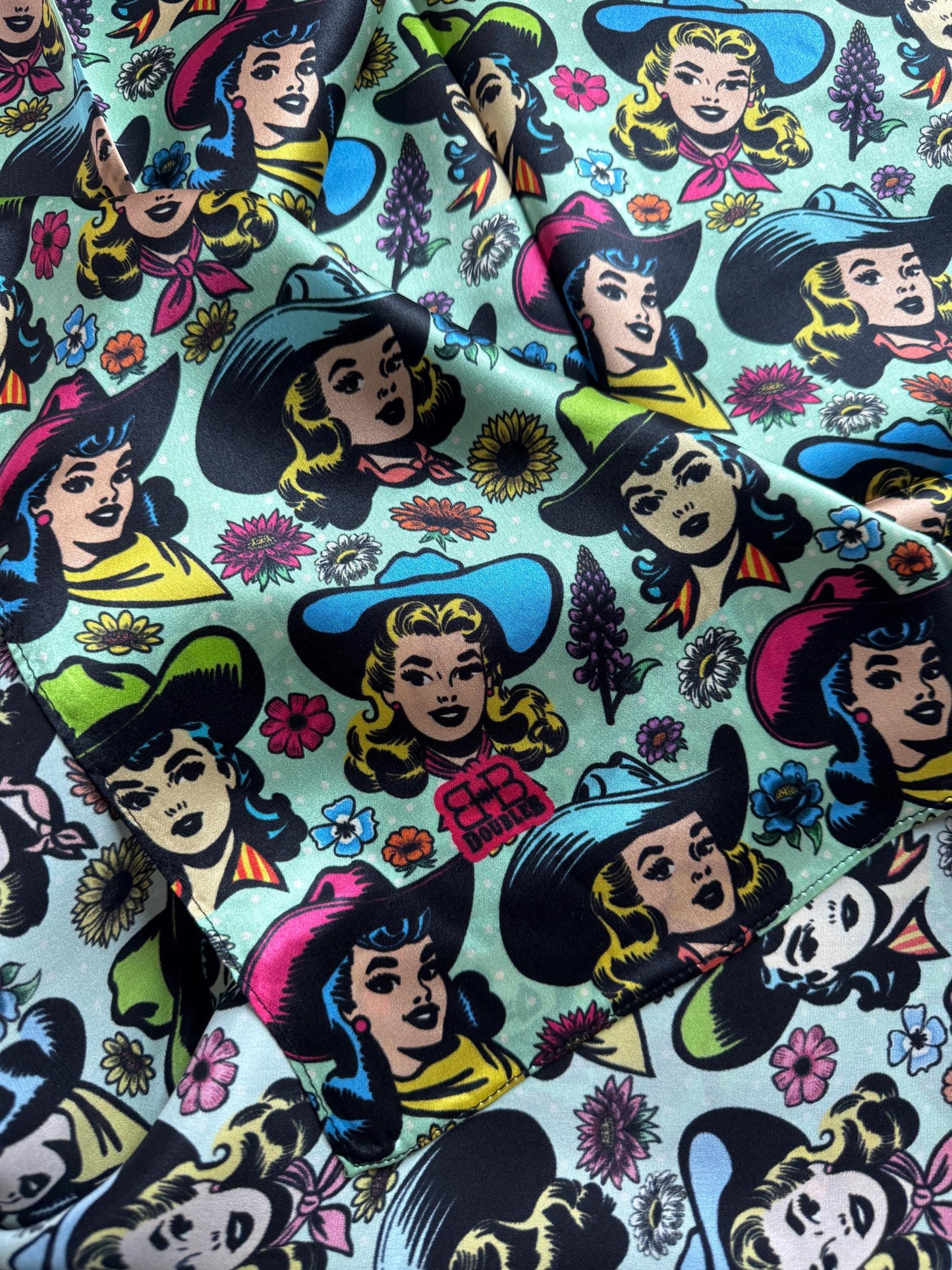 100% Silk Wild Rag Color Pop Comic Cartoon Cowgirls by Double B Wild Rags