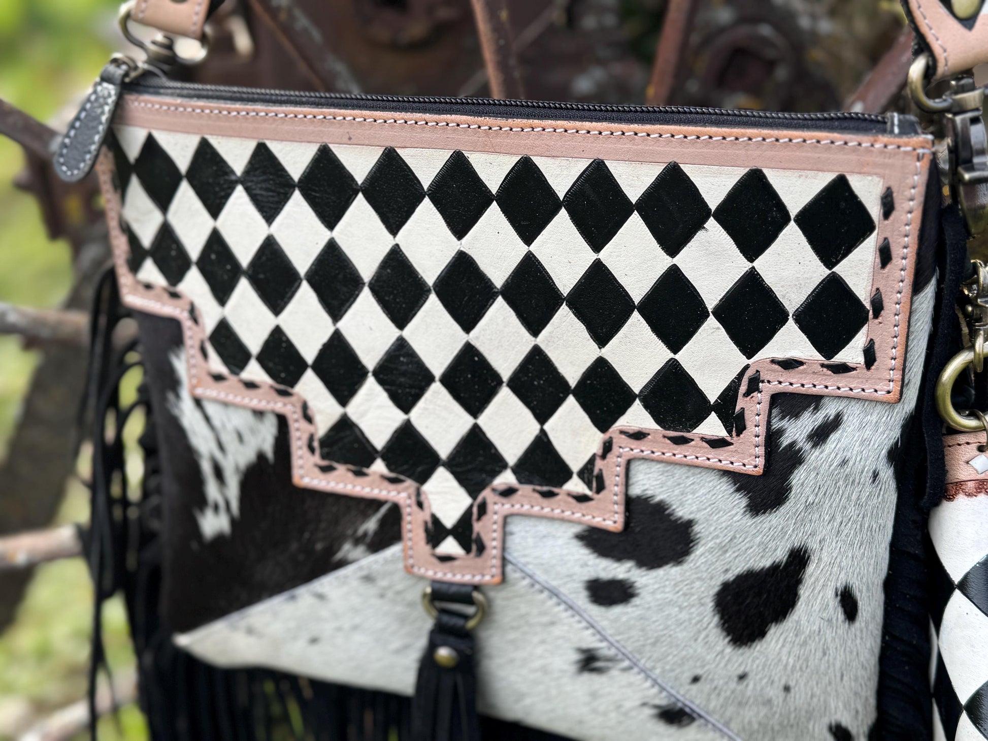 Checkered Black and White Genuine Leather Western Purse, Wallet, OR Clutch by Double B Wild Rags