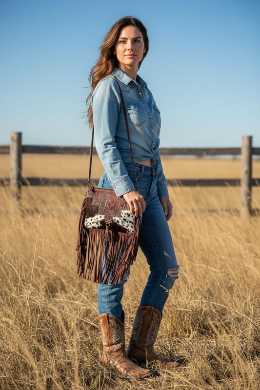 Black and Brown Genuine Western Cowhide Leather Purse with tooling and fringe