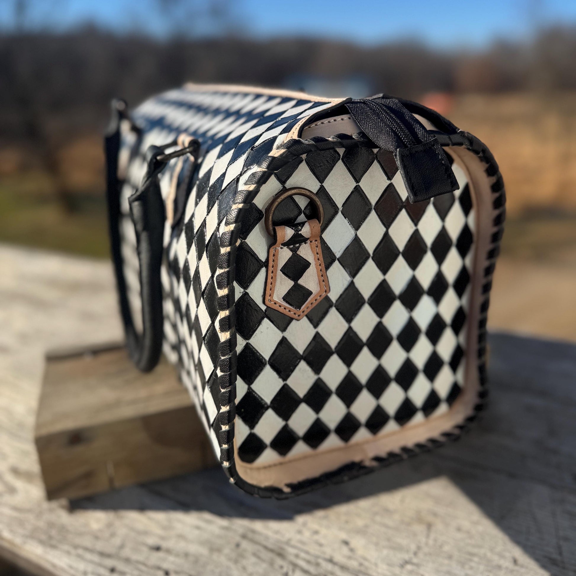 Black and White Checkered Genuine Western Cowhide Leather Purse
