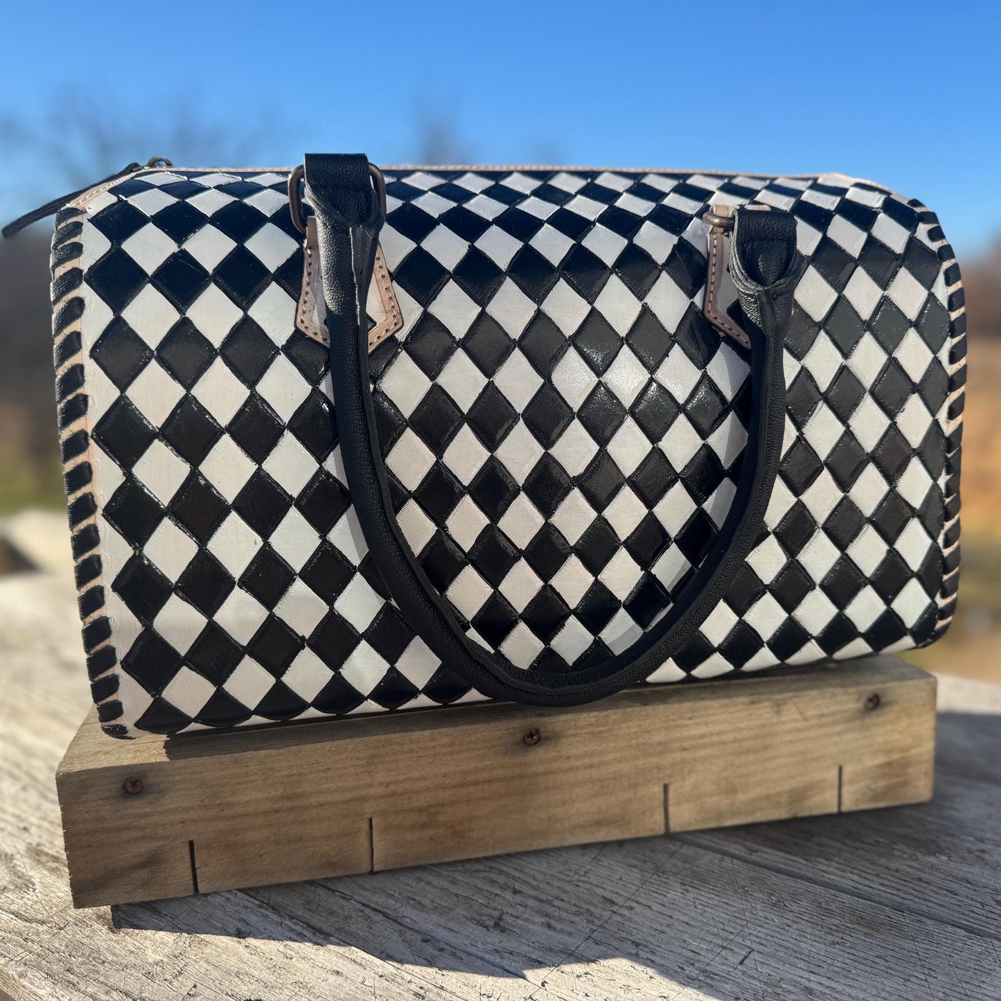 Black and White Checkered Genuine Western Cowhide Leather Purse