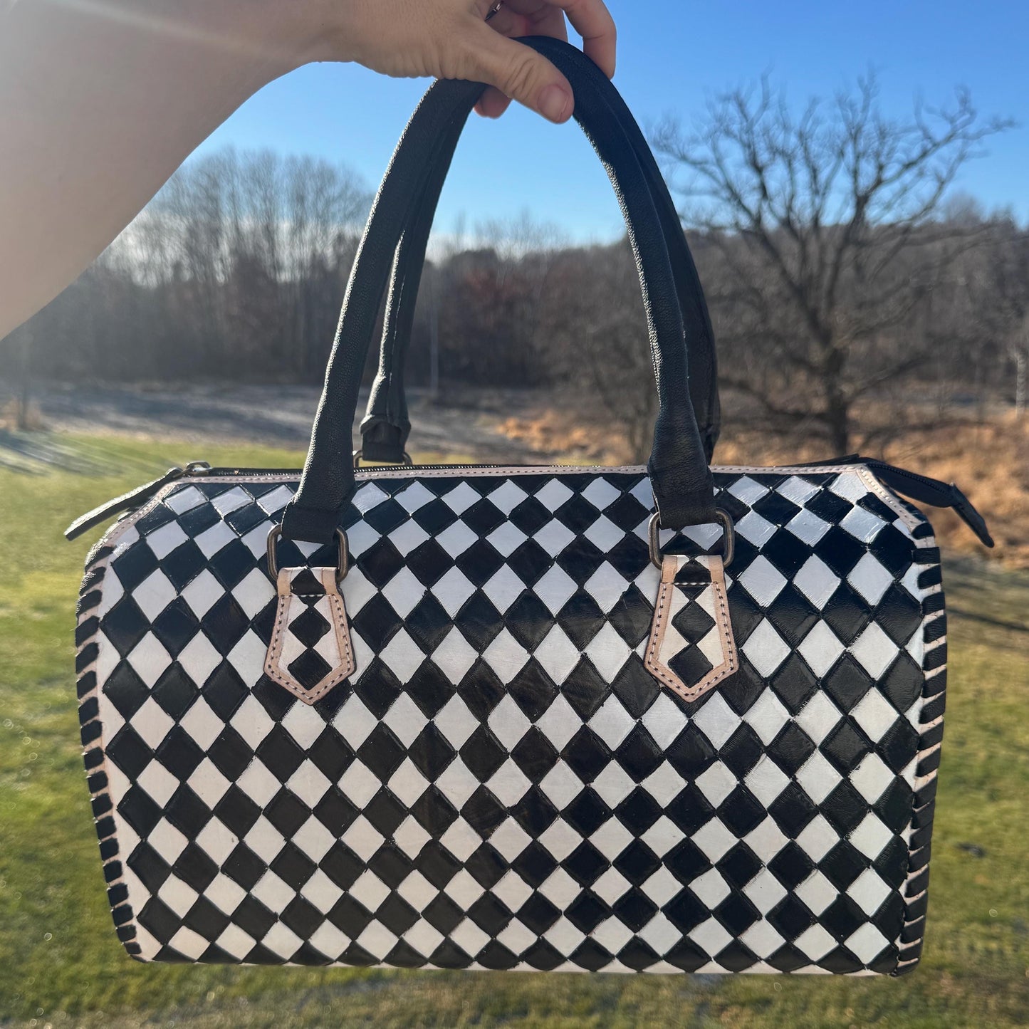 Black and White Checkered Genuine Western Cowhide Leather Purse