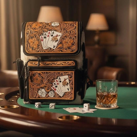 Poker Aces and Dice Western Backpack Genuine Leather and Cowhide Diaper Bag Personal Item carry-on luggage by Double B Wild Rags