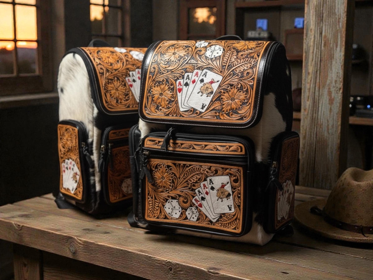 Poker Aces and Dice Western Backpack Genuine Leather and Cowhide Diaper Bag Personal Item carry-on luggage by Double B Wild Rags