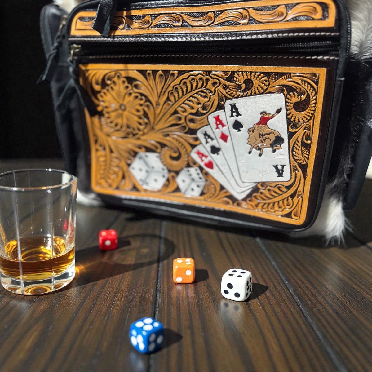 Poker Aces and Dice Western Backpack Genuine Leather and Cowhide Diaper Bag Personal Item carry-on luggage by Double B Wild Rags