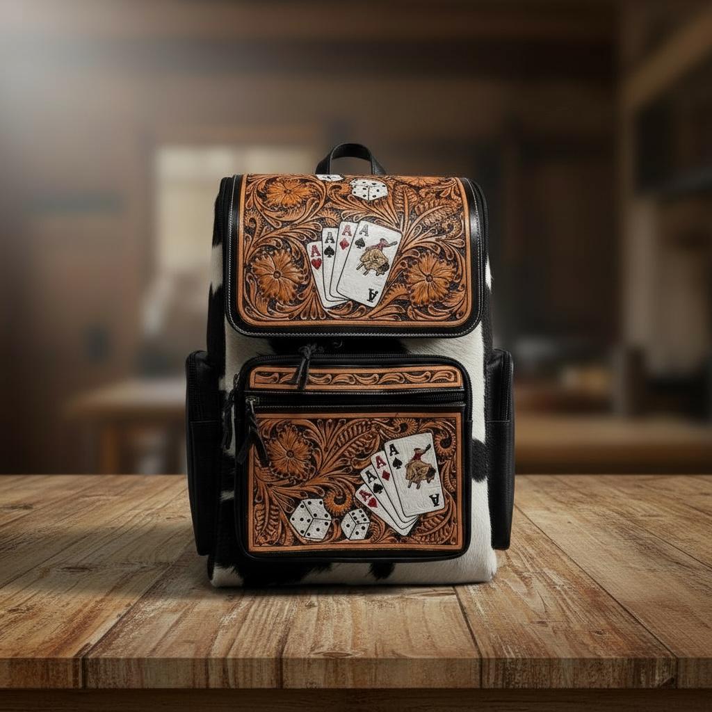 Poker Aces and Dice Western Backpack Genuine Leather and Cowhide Diaper Bag Personal Item carry-on luggage by Double B Wild Rags