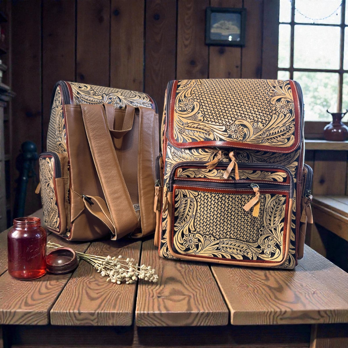 Fully Tooled Western Backpack Genuine Leather Diaper Bag Personal Item carry-on luggage by Double B Wild Rags