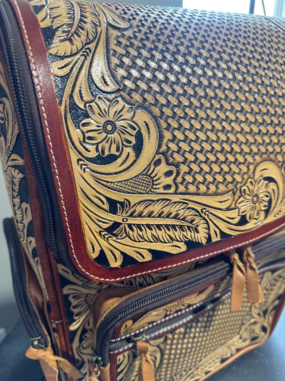 Fully Tooled Western Backpack Genuine Leather Diaper Bag Personal Item carry-on luggage by Double B Wild Rags
