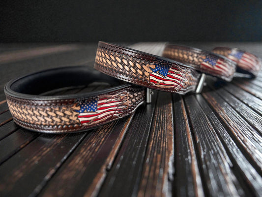 Handmade Western Leather Dog Collar: American Flag Basketweave