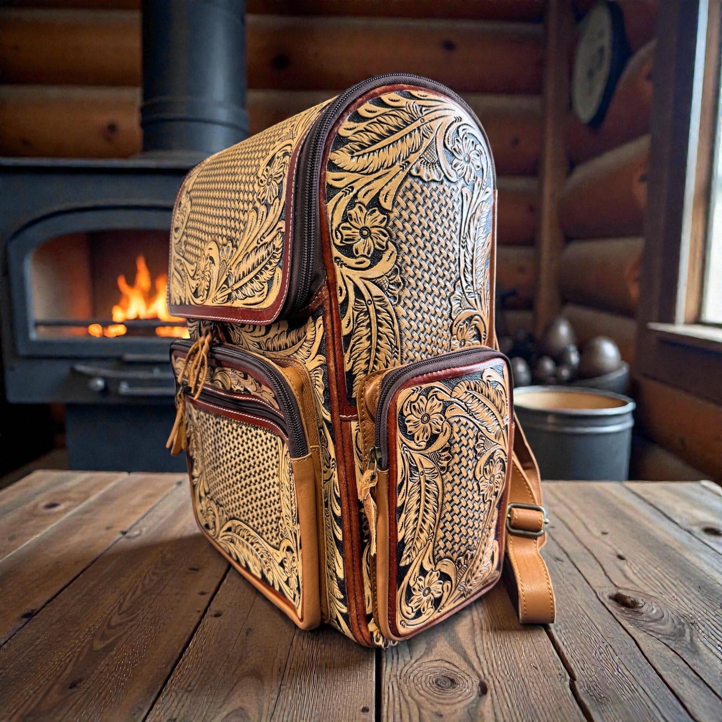 Fully Tooled Western Backpack Genuine Leather Diaper Bag Personal Item carry-on luggage by Double B Wild Rags