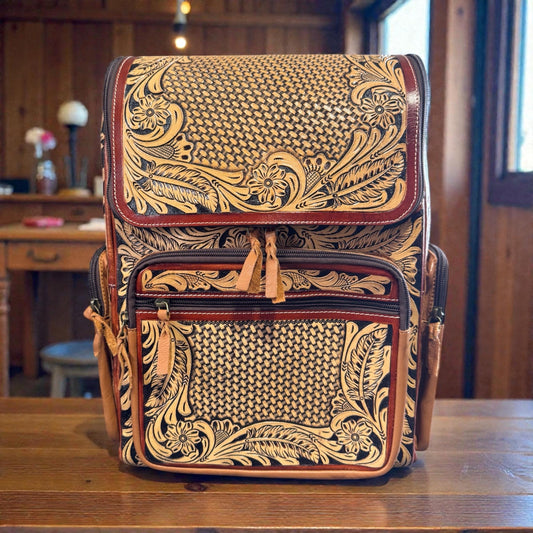 Fully Tooled Western Backpack Genuine Leather Diaper Bag Personal Item carry-on luggage by Double B Wild Rags