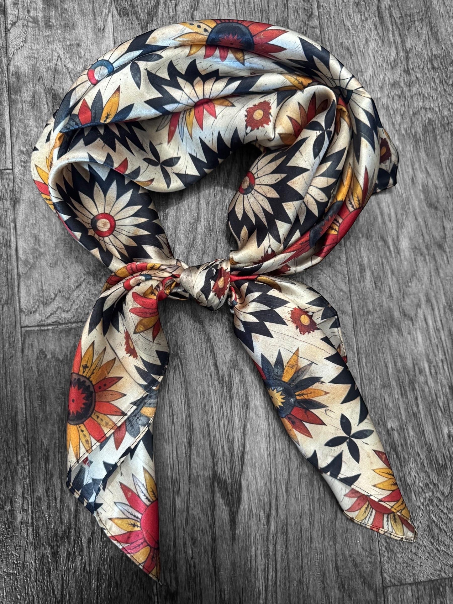 100% Silk Wild Rag Ivory Vintage Sunflower by Double B Wild Rags