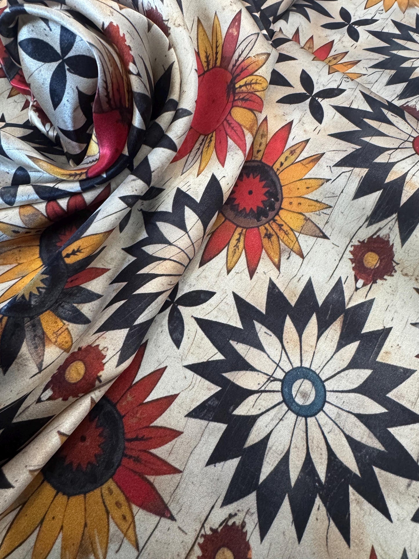 100% Silk Wild Rag Ivory Vintage Sunflower by Double B Wild Rags