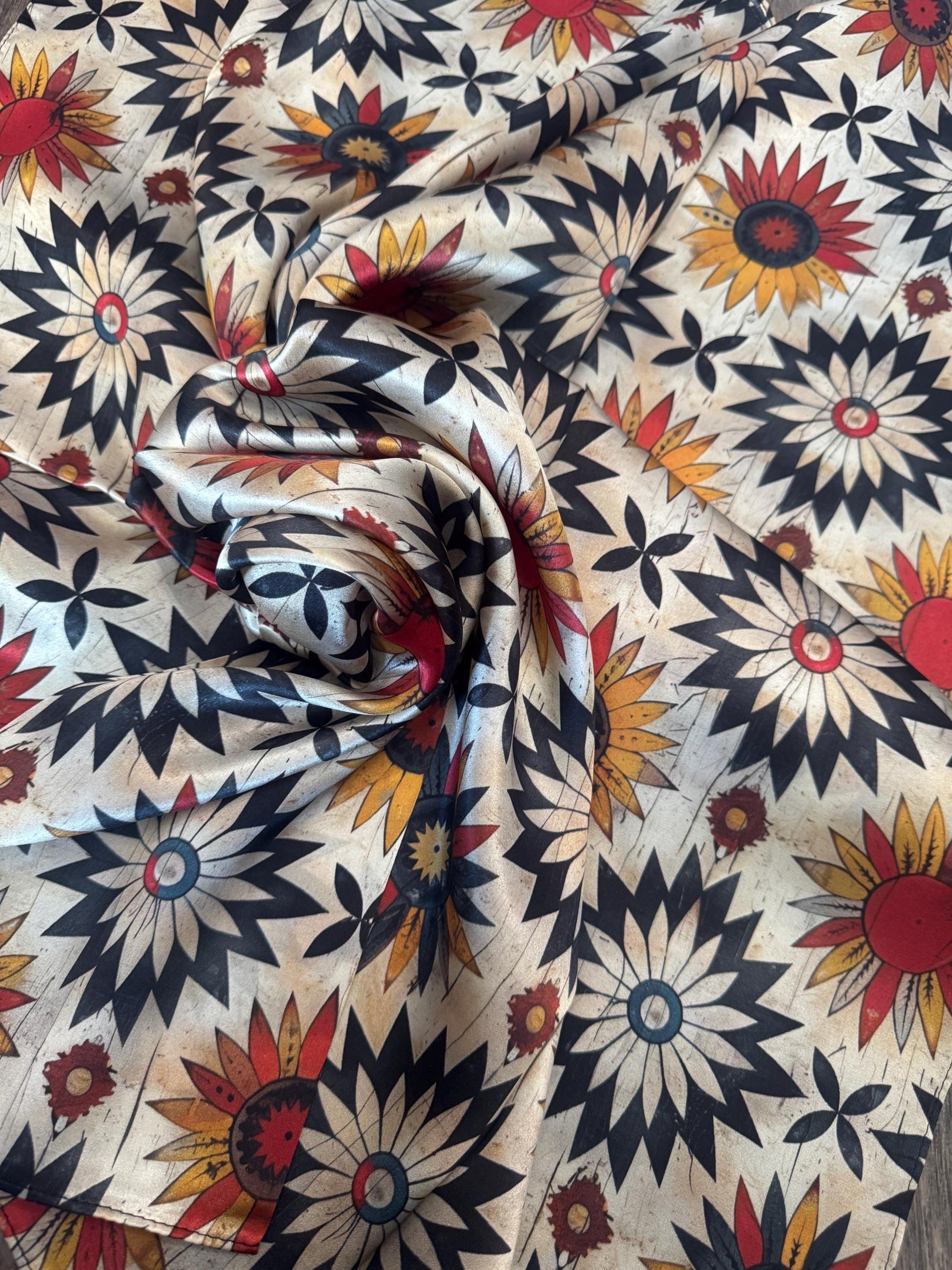 100% Silk Wild Rag Ivory Vintage Sunflower by Double B Wild Rags