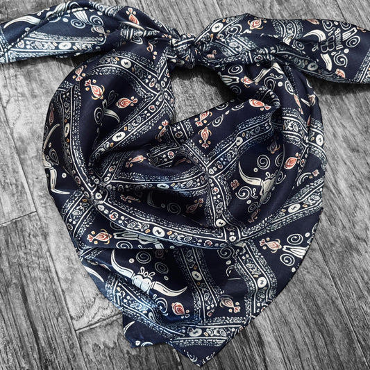 100% Silk Wild Rag Navy Blue Quilted Paisley by Double B Wild Rags