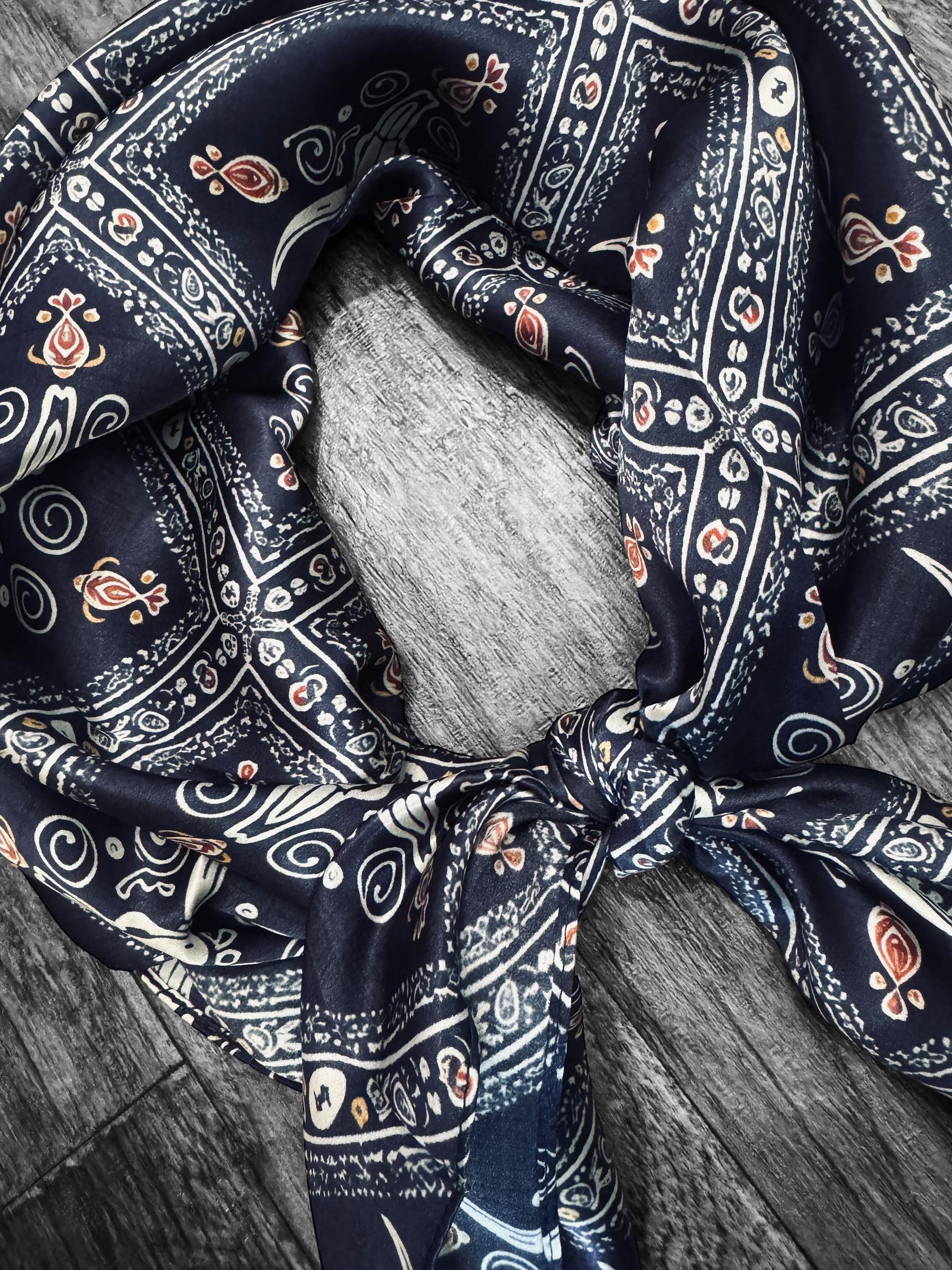 100% Silk Wild Rag Navy Blue Quilted Paisley by Double B Wild Rags