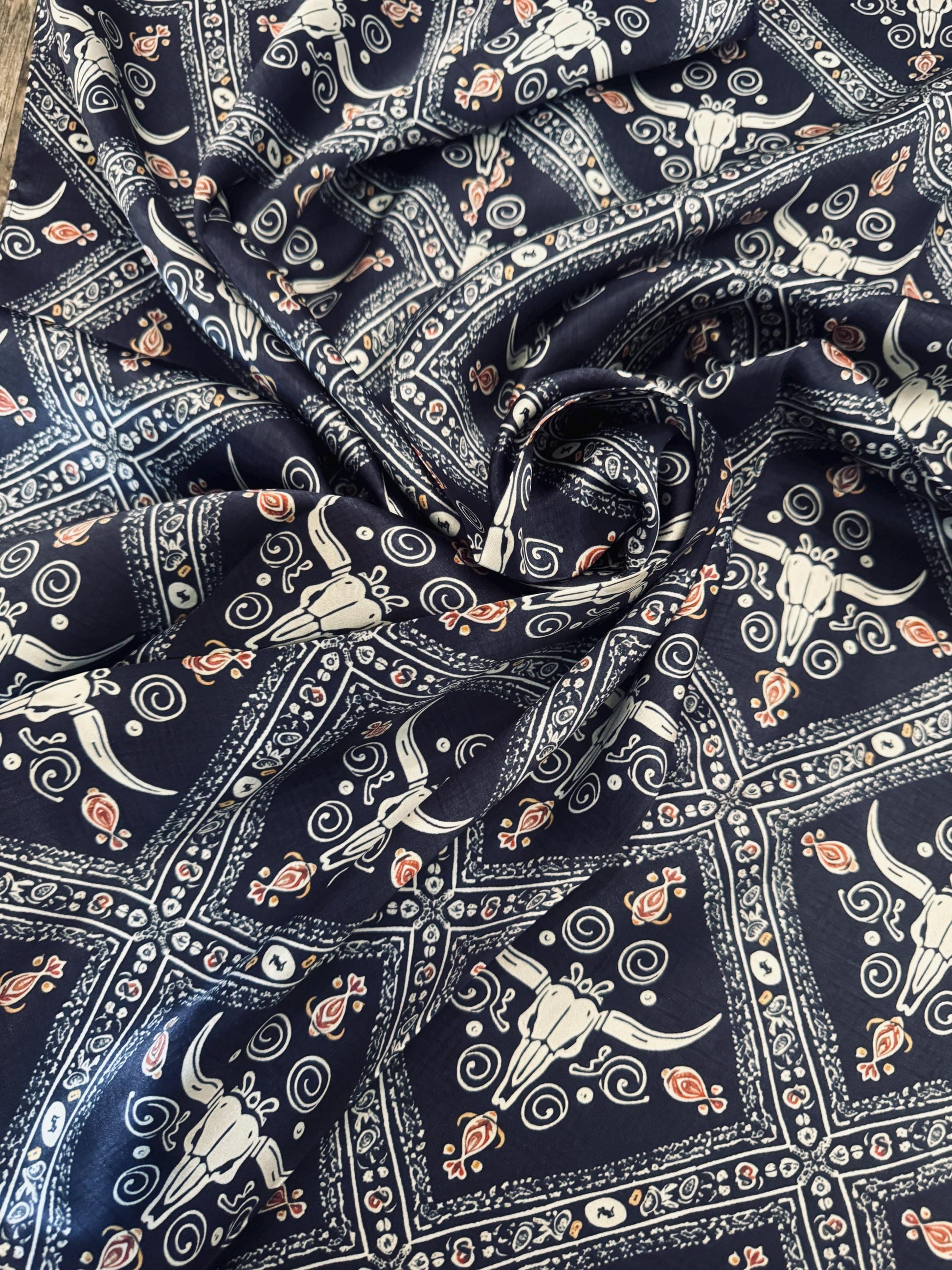 100% Silk Wild Rag Navy Blue Quilted Paisley by Double B Wild Rags