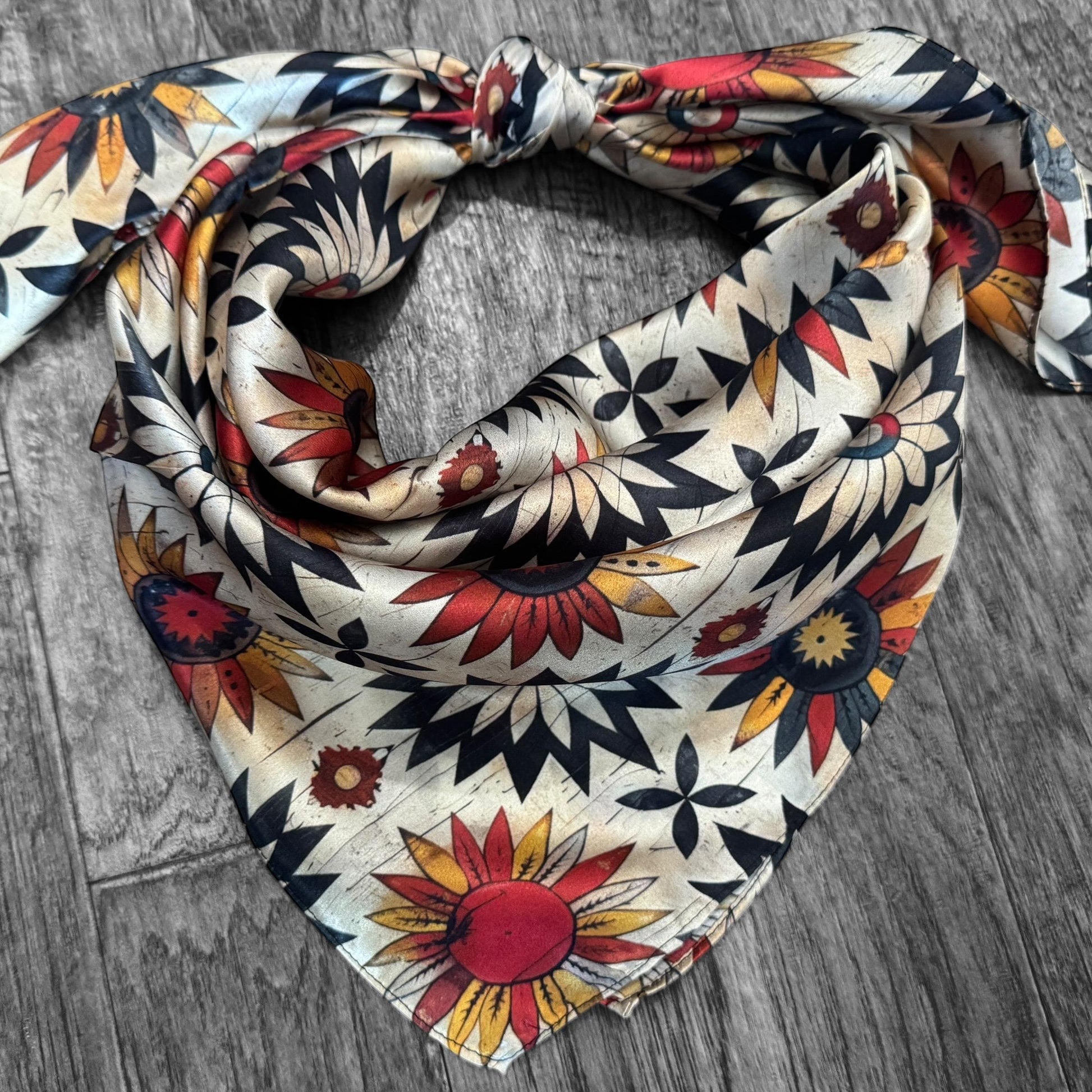 100% Silk Wild Rag Ivory Vintage Sunflower by Double B Wild Rags