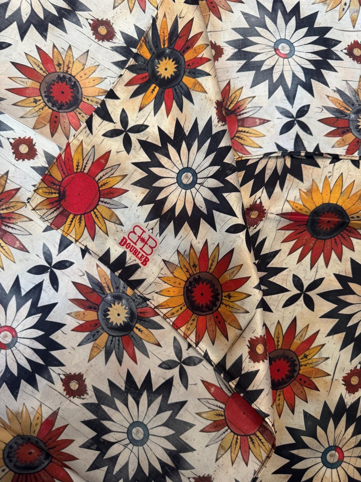 100% Silk Wild Rag Ivory Vintage Sunflower by Double B Wild Rags