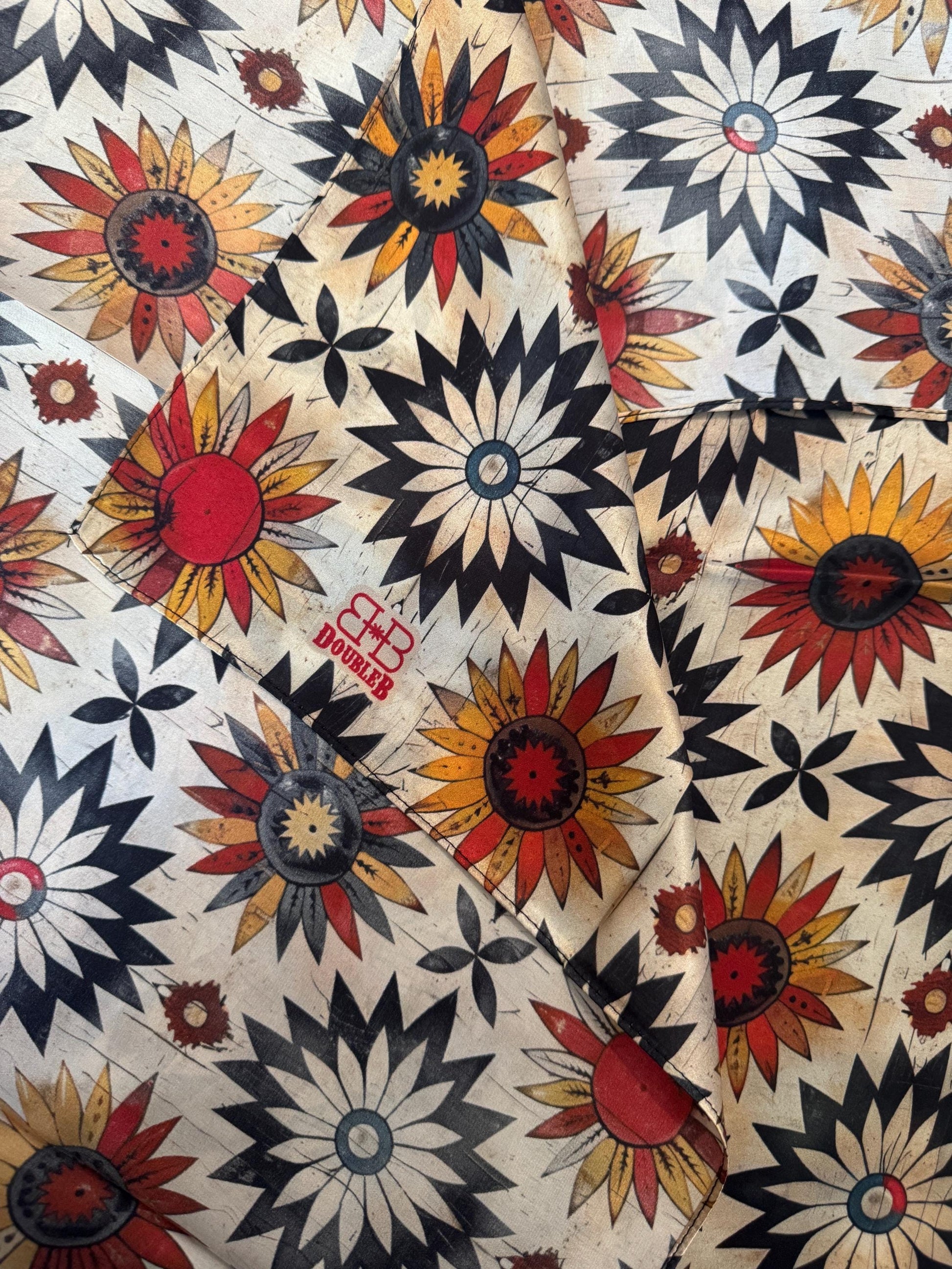 100% Silk Wild Rag Ivory Vintage Sunflower by Double B Wild Rags