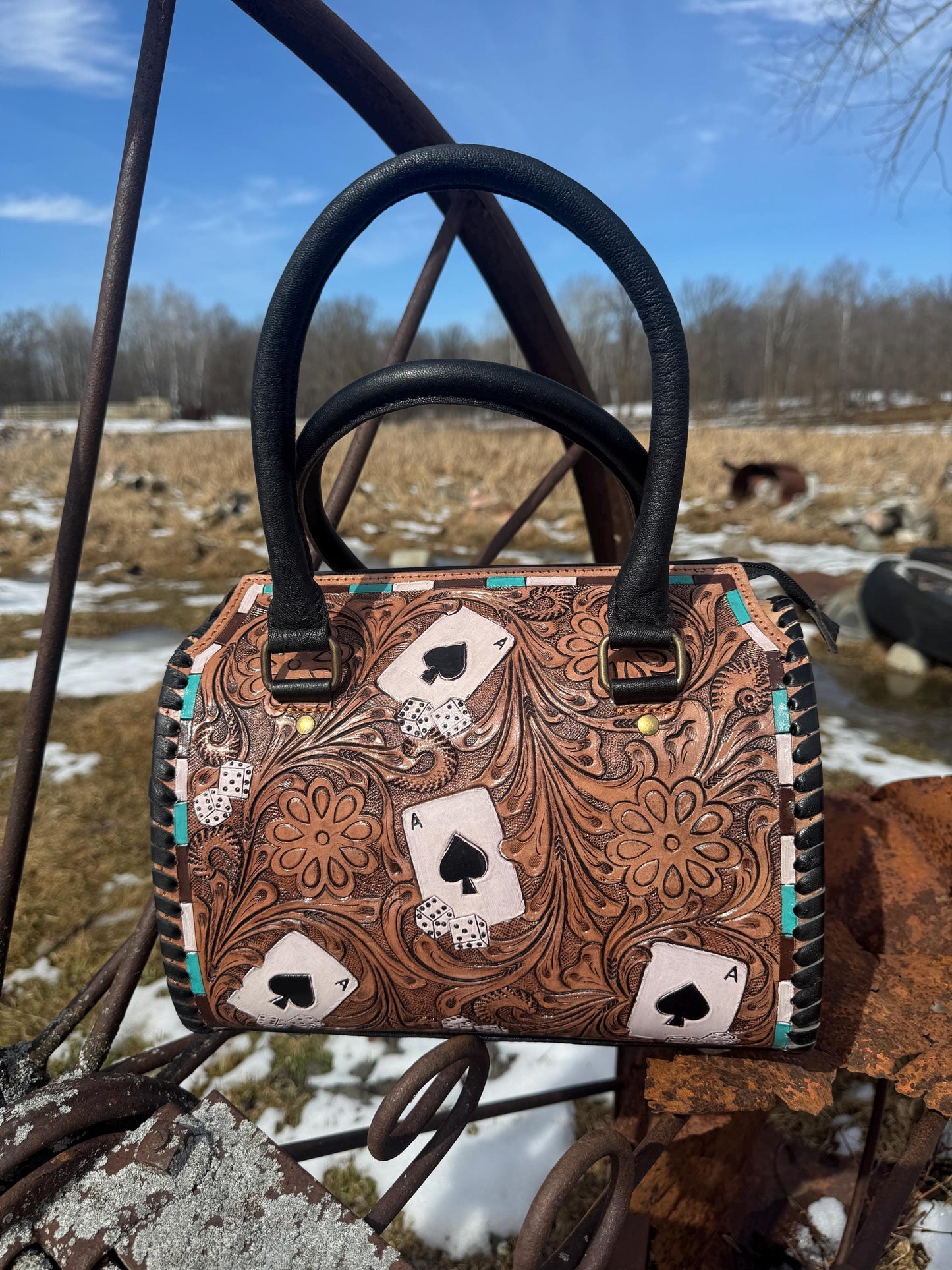 Brown with Aces Genuine Western Cowhide Leather Barrel Bag Purse by Double B Wild Rags