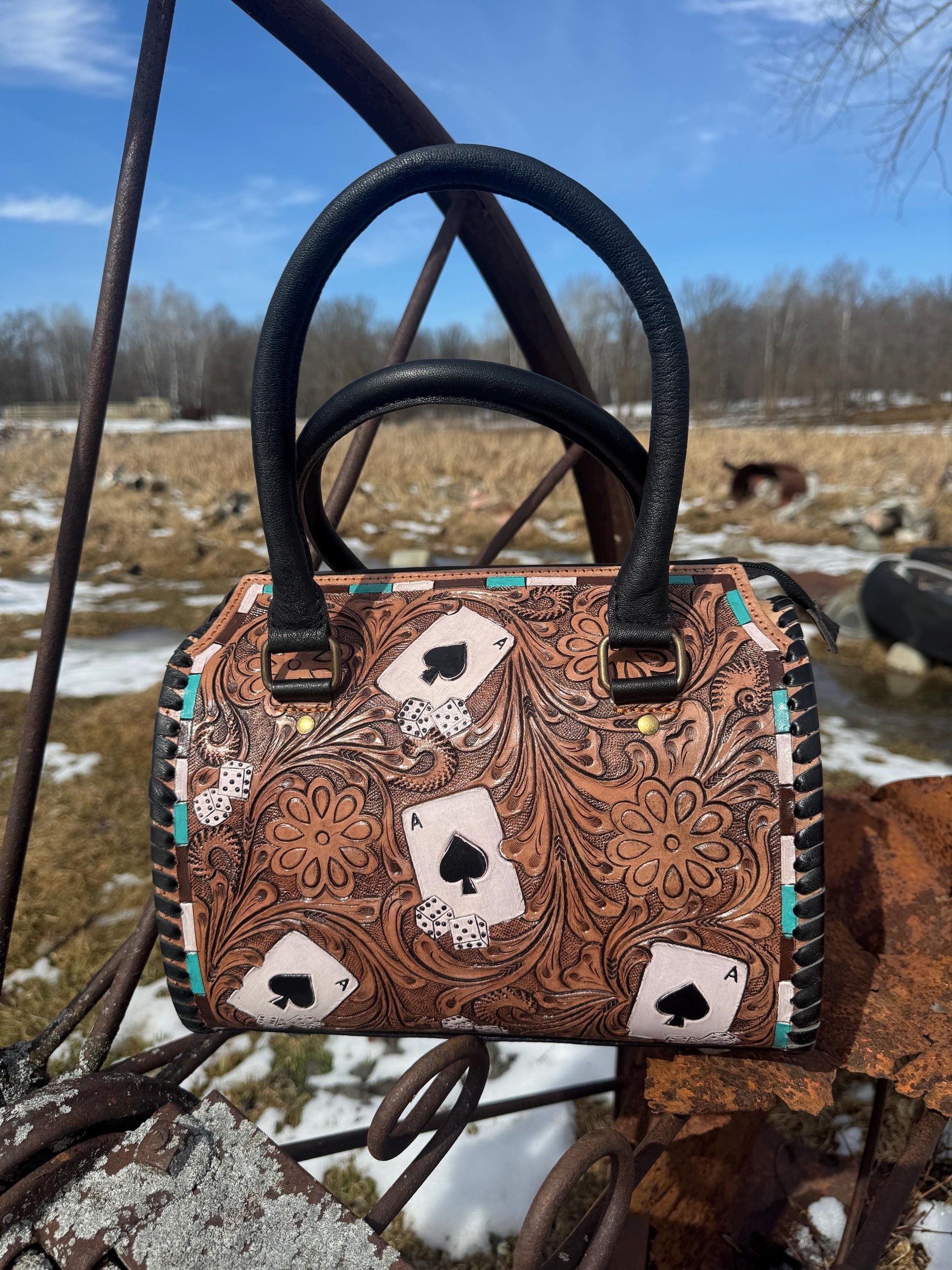 Brown with Aces Genuine Western Cowhide Leather Barrel Bag Purse by Double B Wild Rags