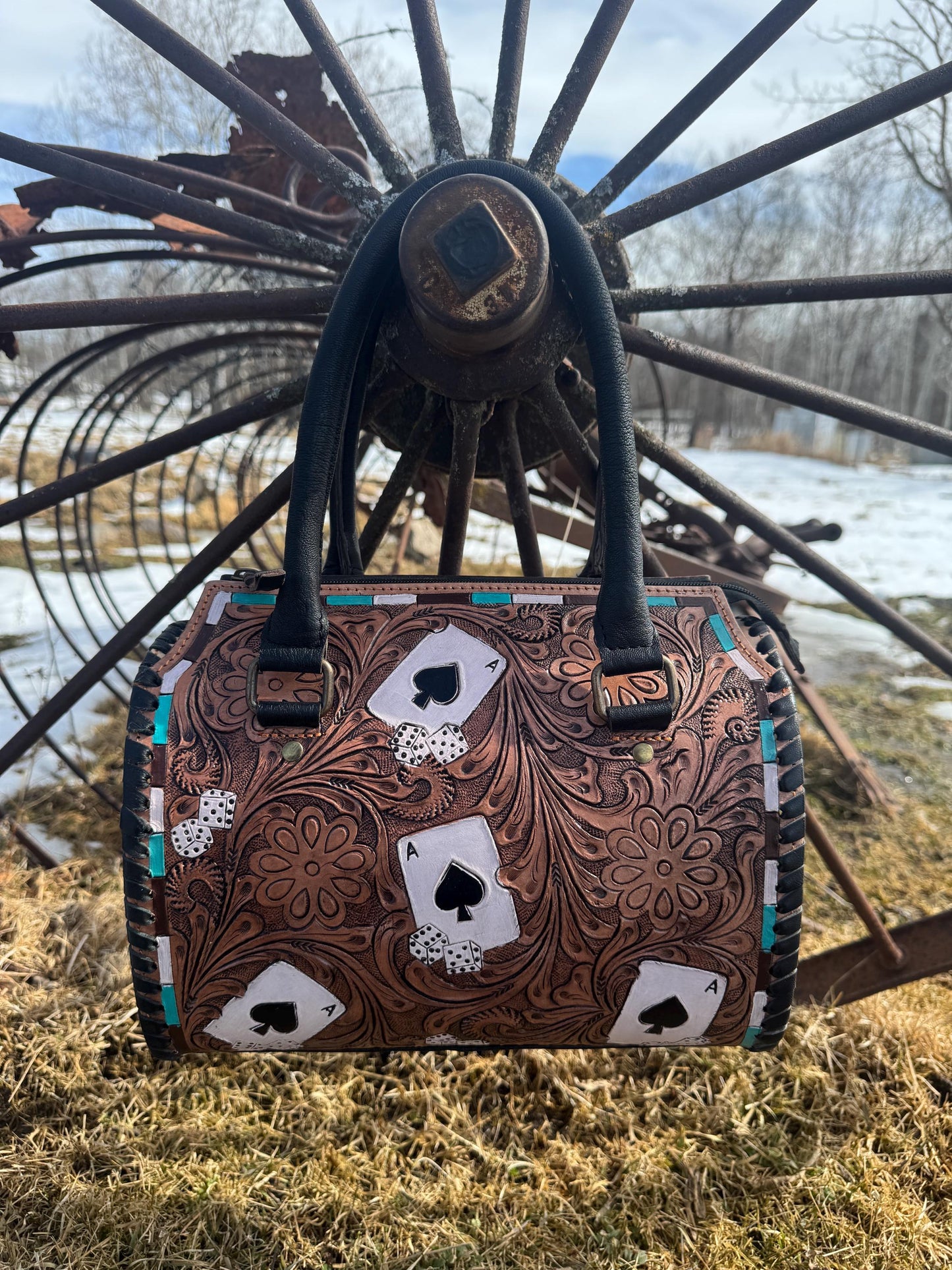 Brown with Aces Genuine Western Cowhide Leather Barrel Bag Purse by Double B Wild Rags