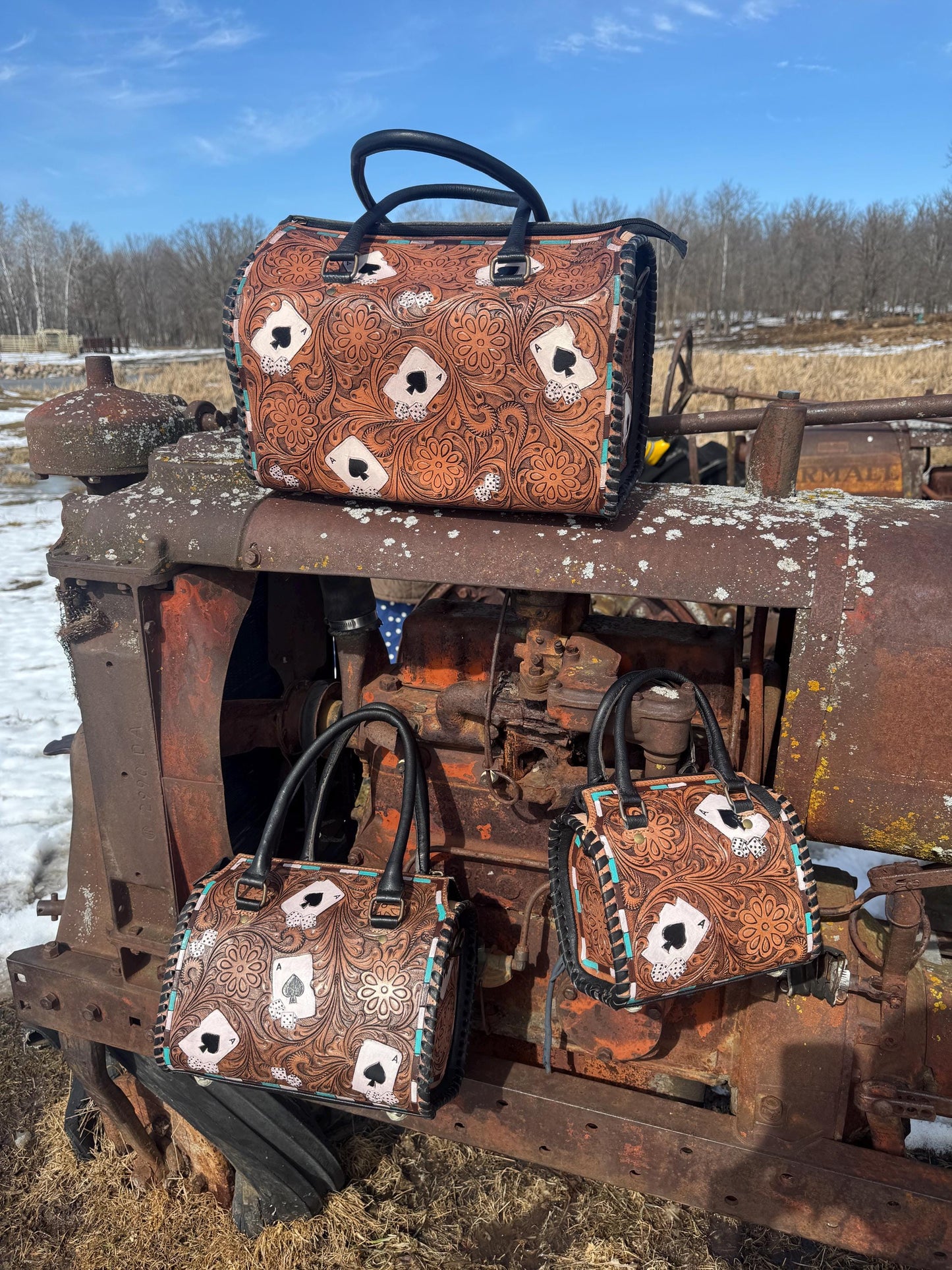 Brown with Aces Genuine Western Cowhide Leather Barrel Bag Purse by Double B Wild Rags