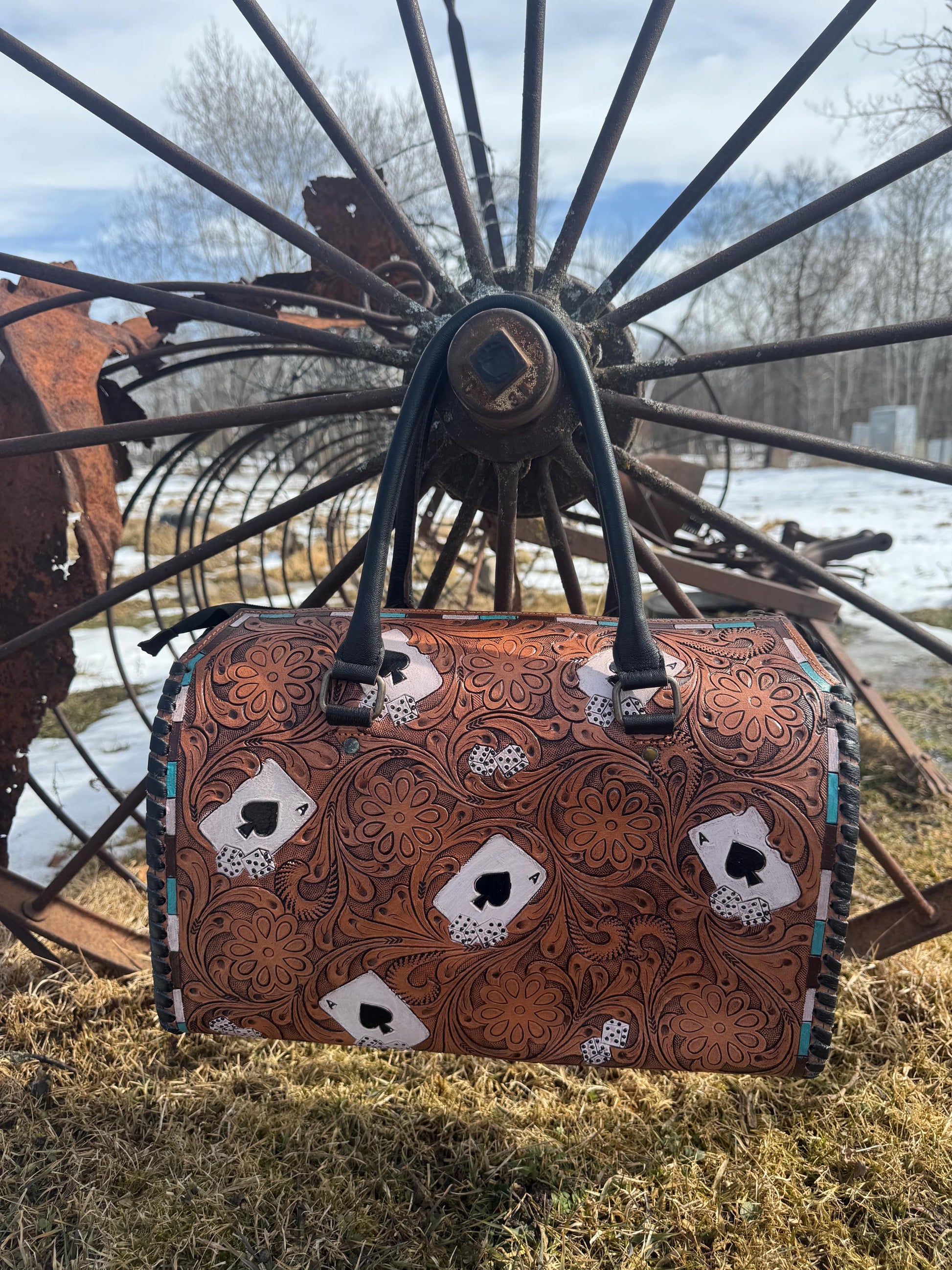 Brown with Aces Genuine Western Cowhide Leather Barrel Bag Purse by Double B Wild Rags
