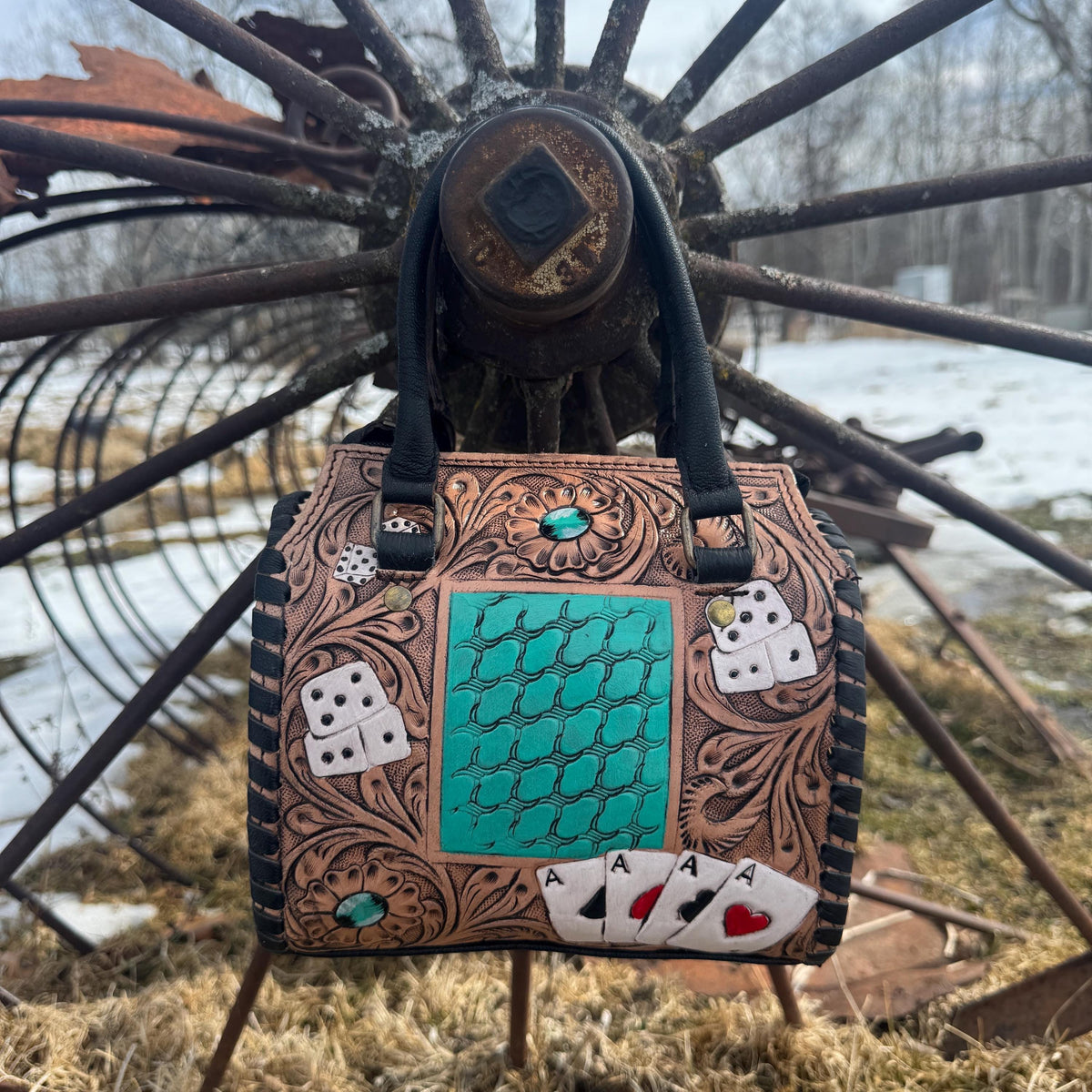 Aces and Turquoise Genuine Western Cowhide Leather barrel bag purse or wallet by Double B Wild Rags