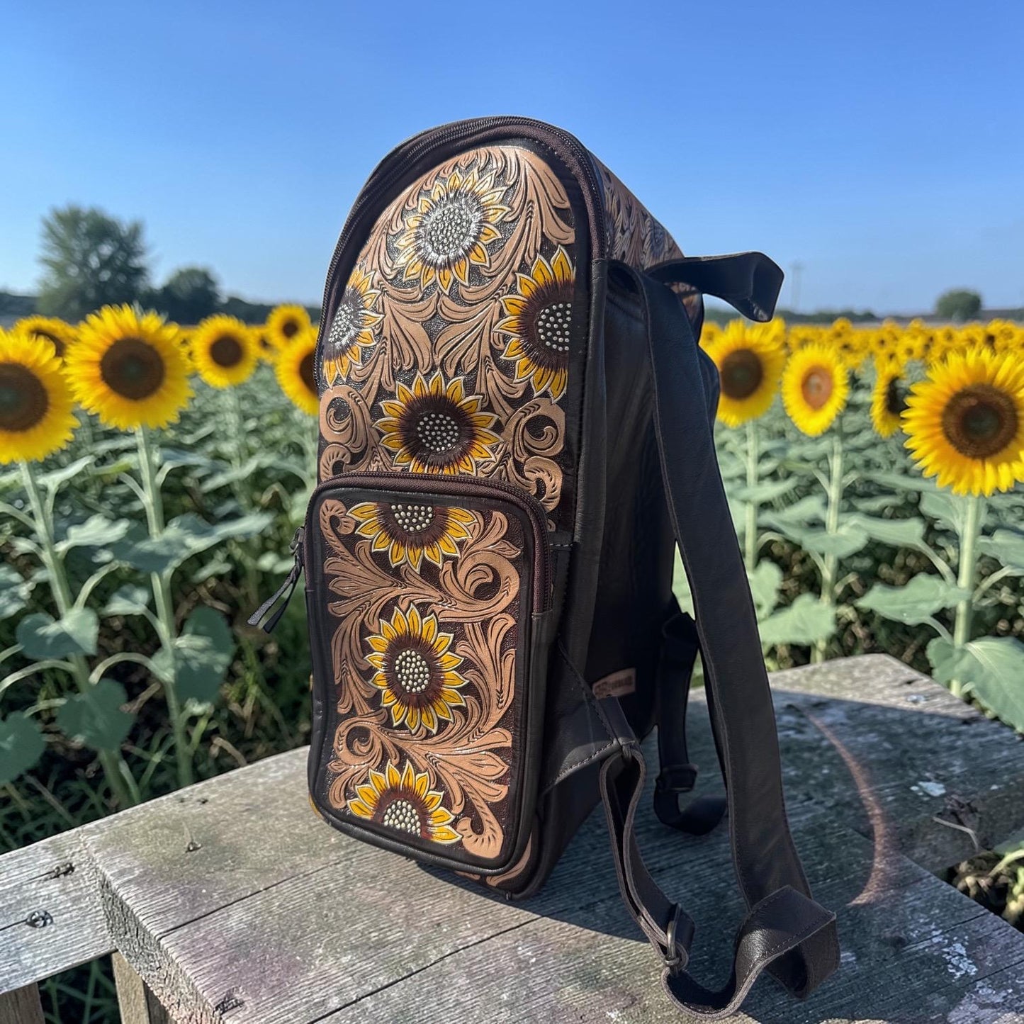 Fully Tooled Sunflower Western Backpack Genuine Leather Diaper Bag Personal Item carry-on luggage by Double B Wild Rags