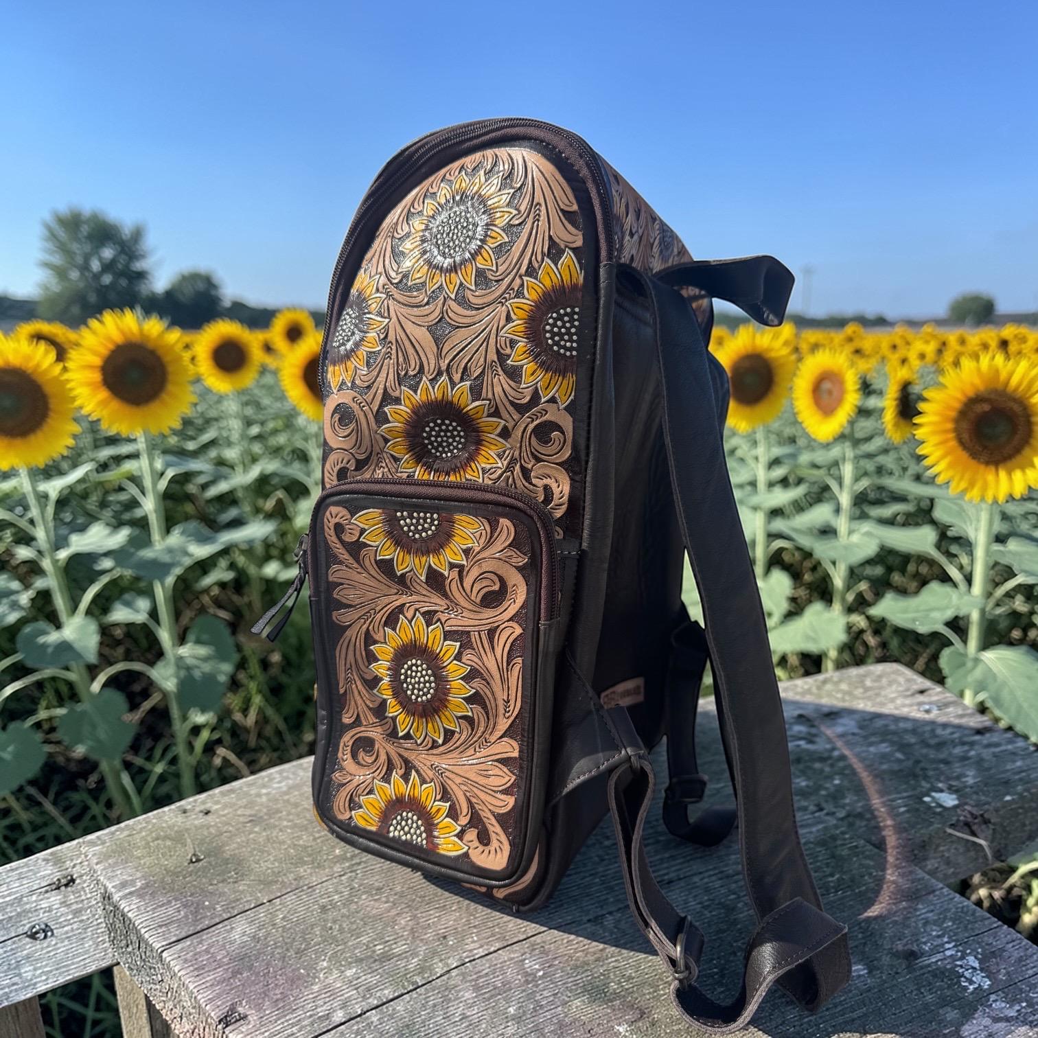 Fully Tooled Sunflower Western Backpack Genuine Leather Diaper Bag Personal Item carry-on luggage by Double B Wild Rags