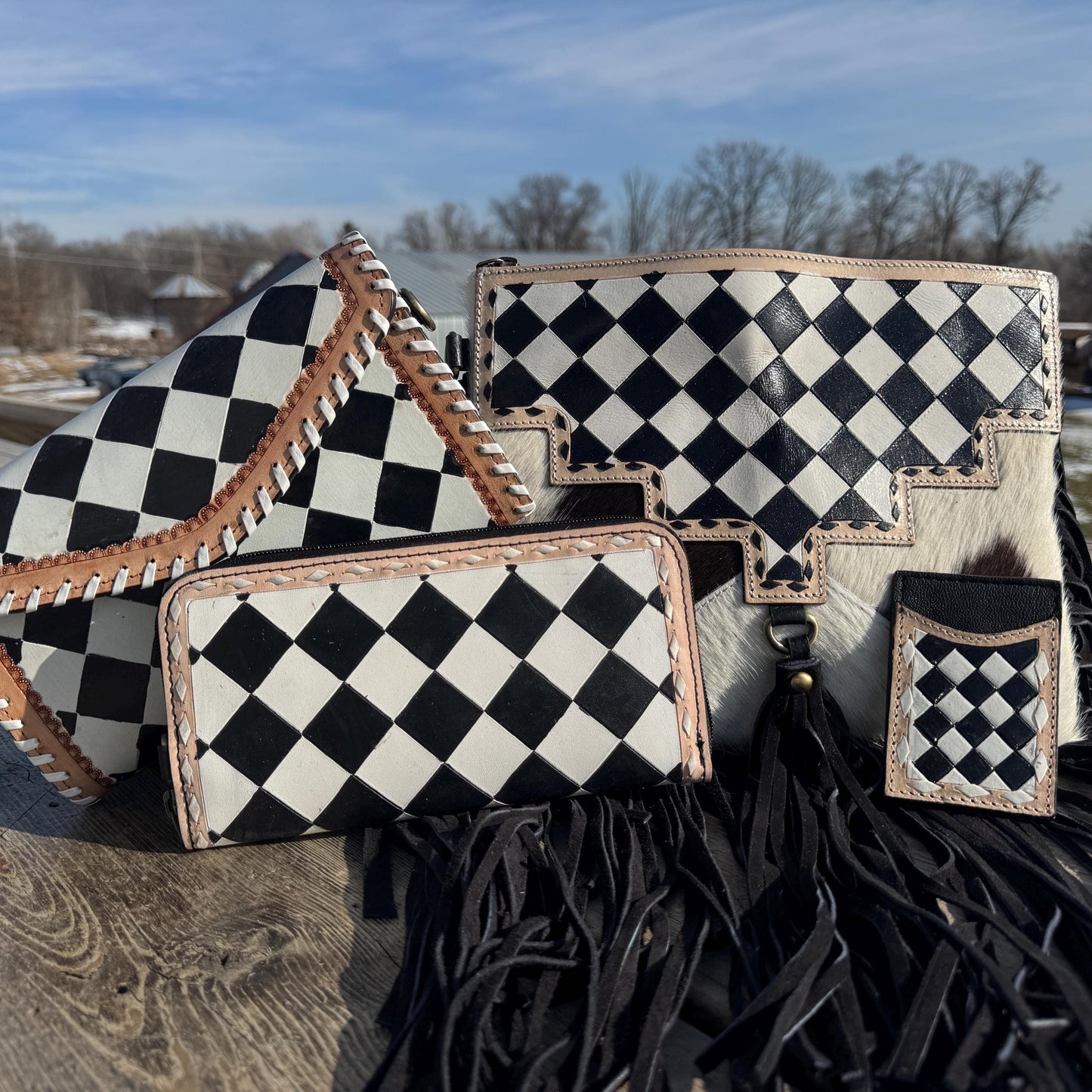 Checkered Black and White Genuine Leather Western Purse, Wallet, OR Clutch by Double B Wild Rags