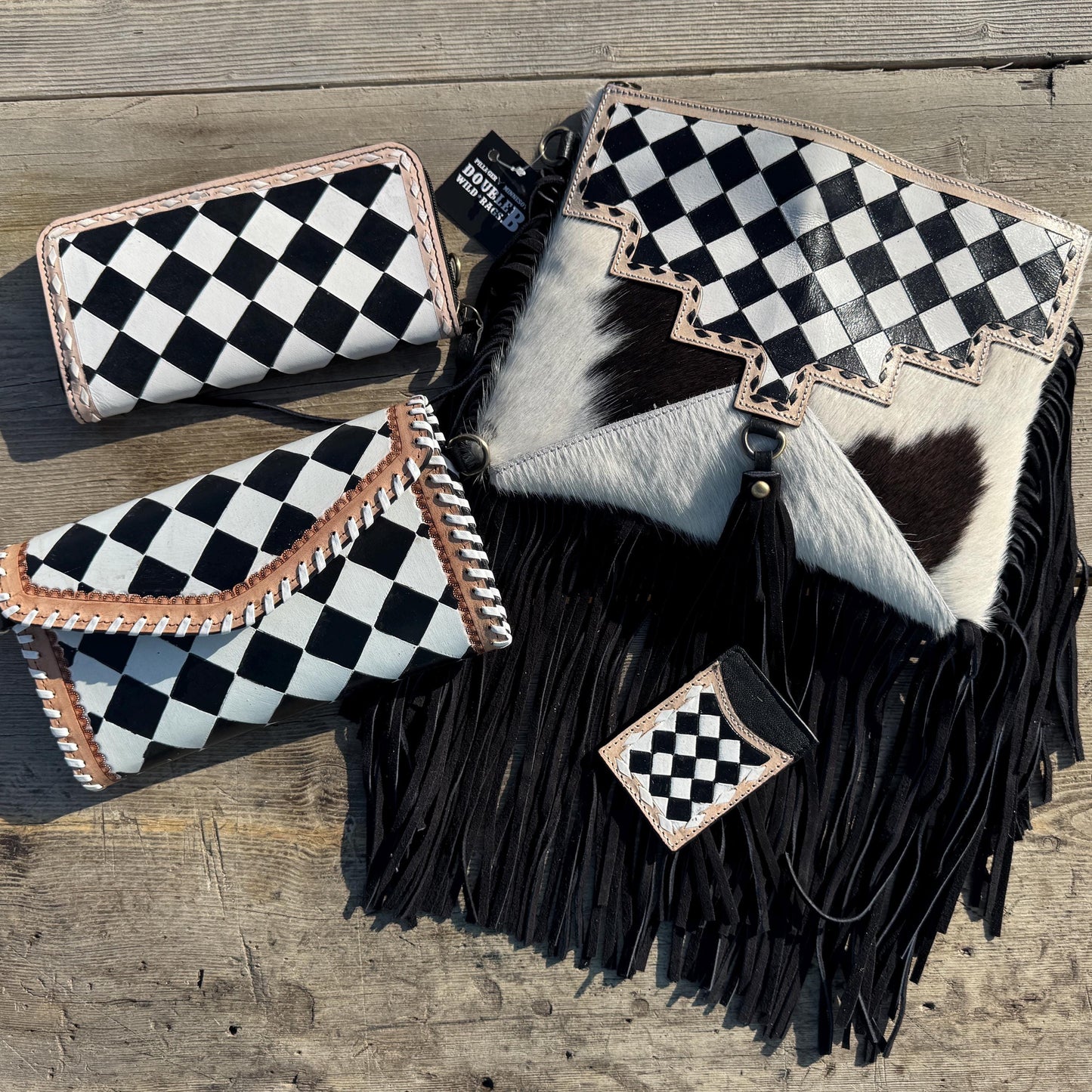 Checkered Black and White Genuine Leather Western Purse, Wallet, OR Clutch by Double B Wild Rags