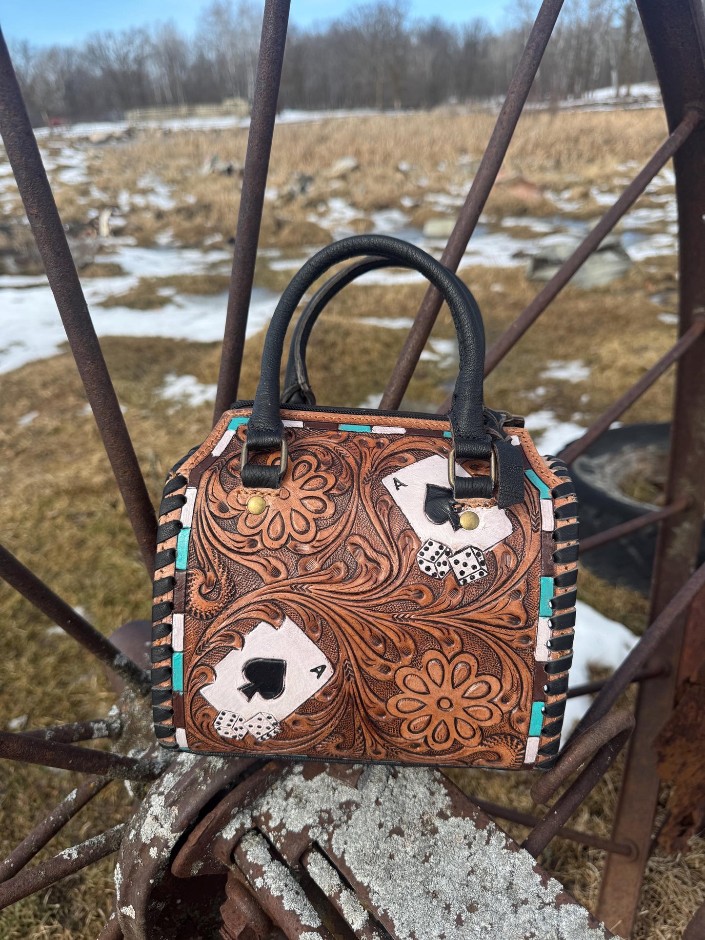 Brown with Aces Genuine Western Cowhide Leather Barrel Bag Purse by Double B Wild Rags