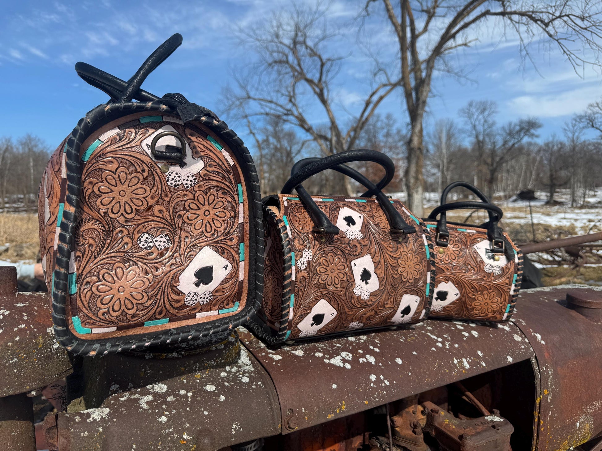 Brown with Aces Genuine Western Cowhide Leather Barrel Bag Purse by Double B Wild Rags