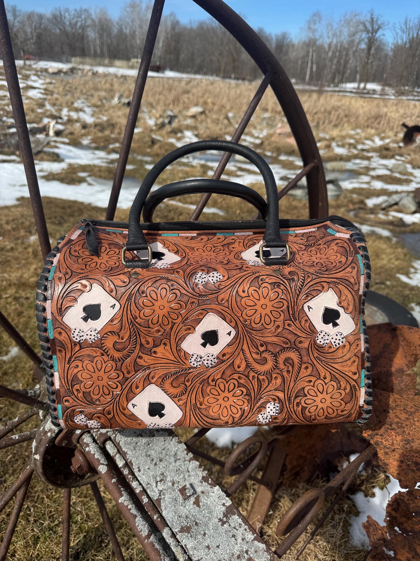 Brown with Aces Genuine Western Cowhide Leather Barrel Bag Purse by Double B Wild Rags