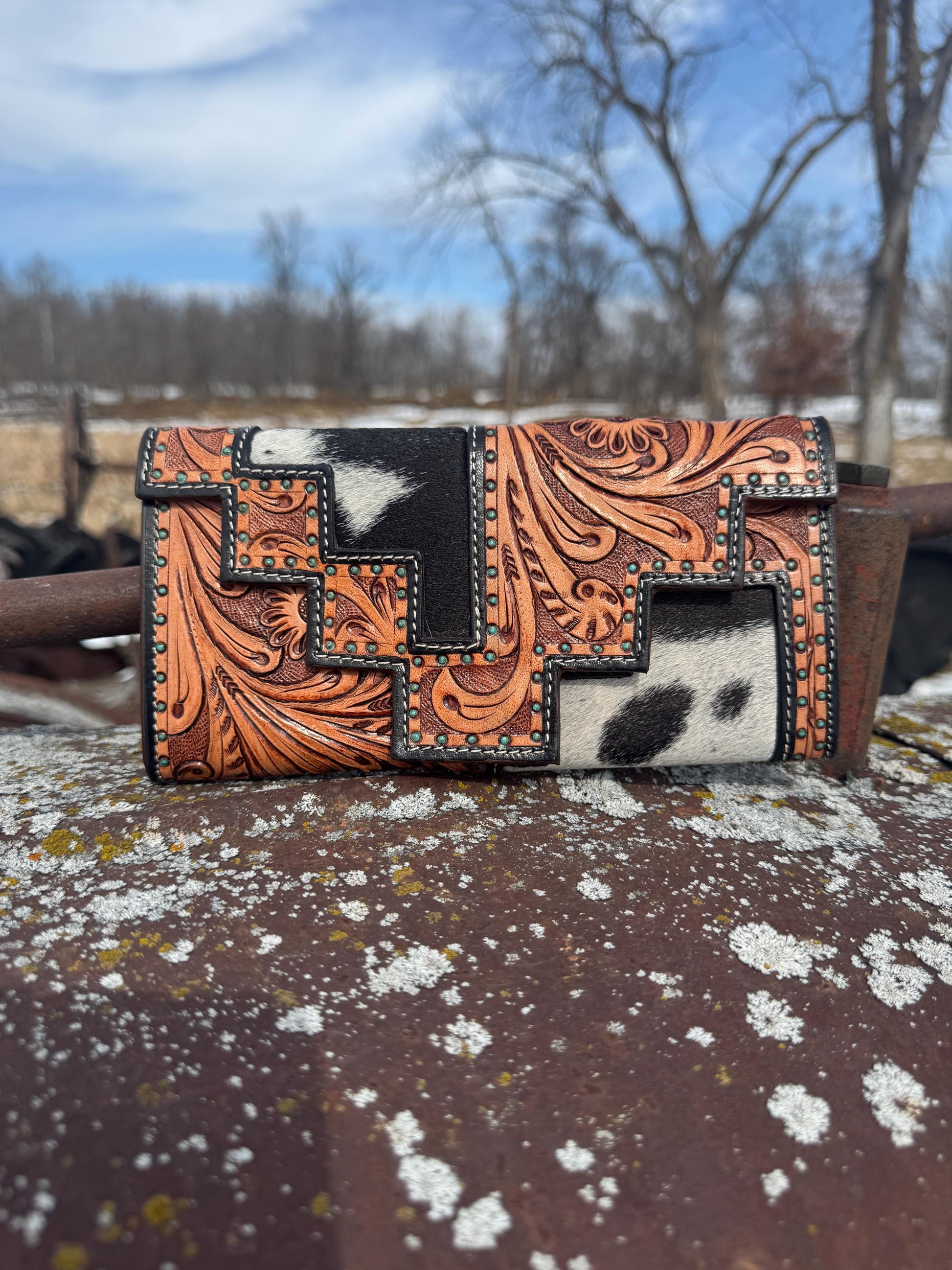 Aces and Turquoise Genuine Western Cowhide Leather barrel bag purse or wallet by Double B Wild Rags