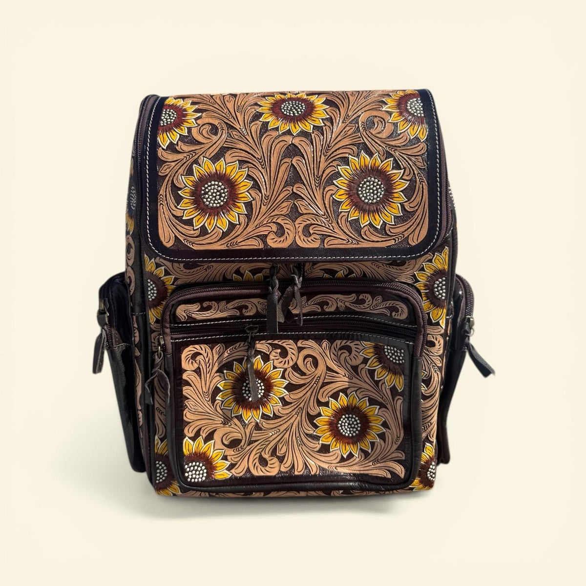 Fully Tooled Sunflower Western Backpack Genuine Leather Diaper Bag Personal Item carry-on luggage by Double B Wild Rags