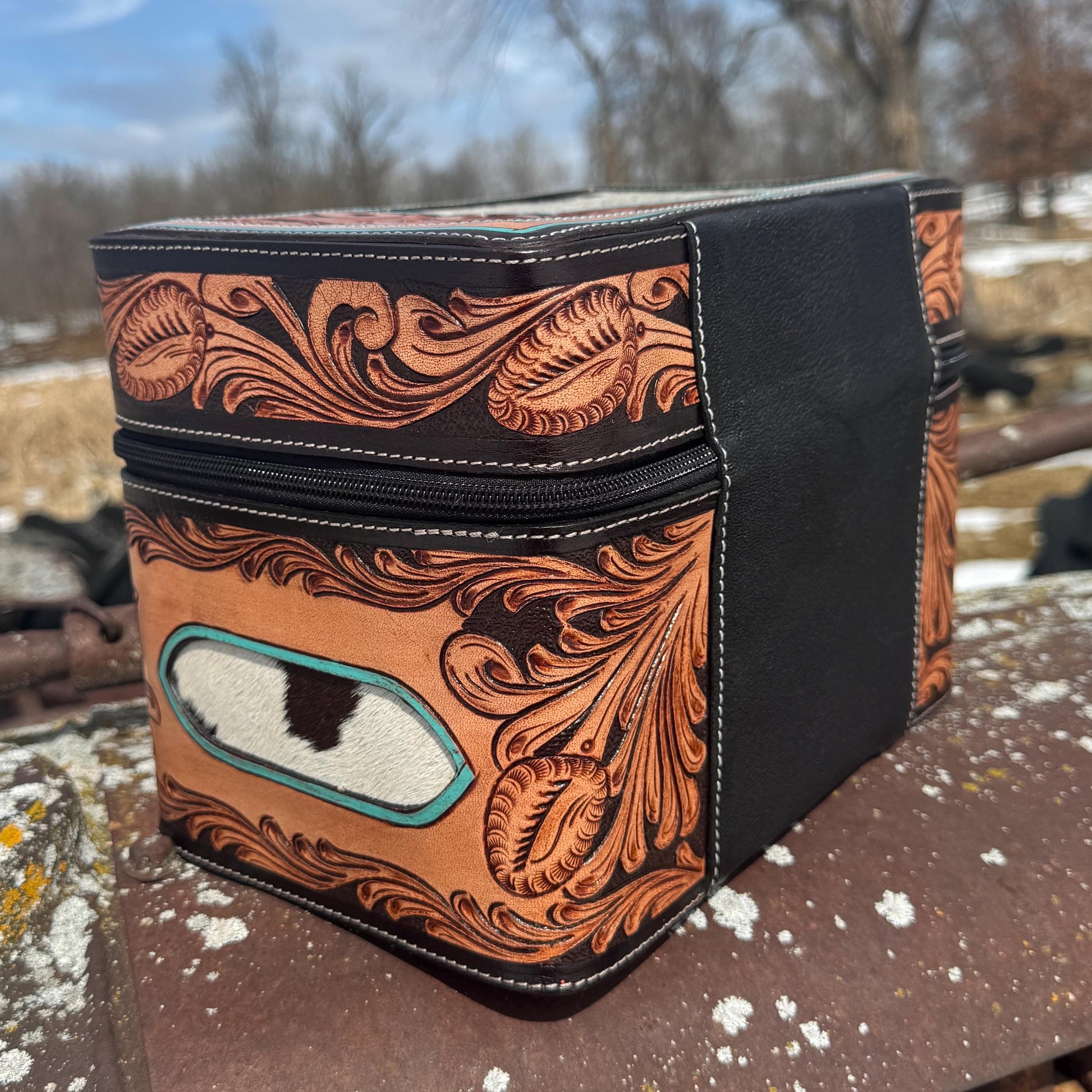 Genuine Western Cowhide and Tooled Leather Jewelry toiletry Case Box
