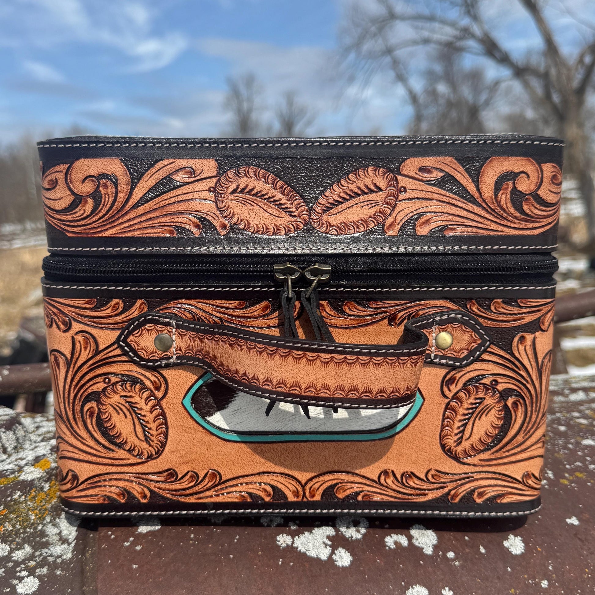 Genuine Western Cowhide and Tooled Leather Jewelry toiletry Case Box